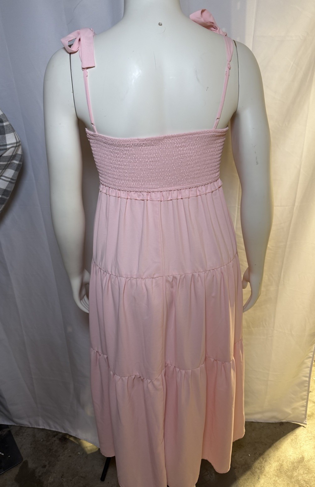 Mi Ami Womens L Pink Smocked Tie Strap Tiered Maxi Dress Boho Summer Beach