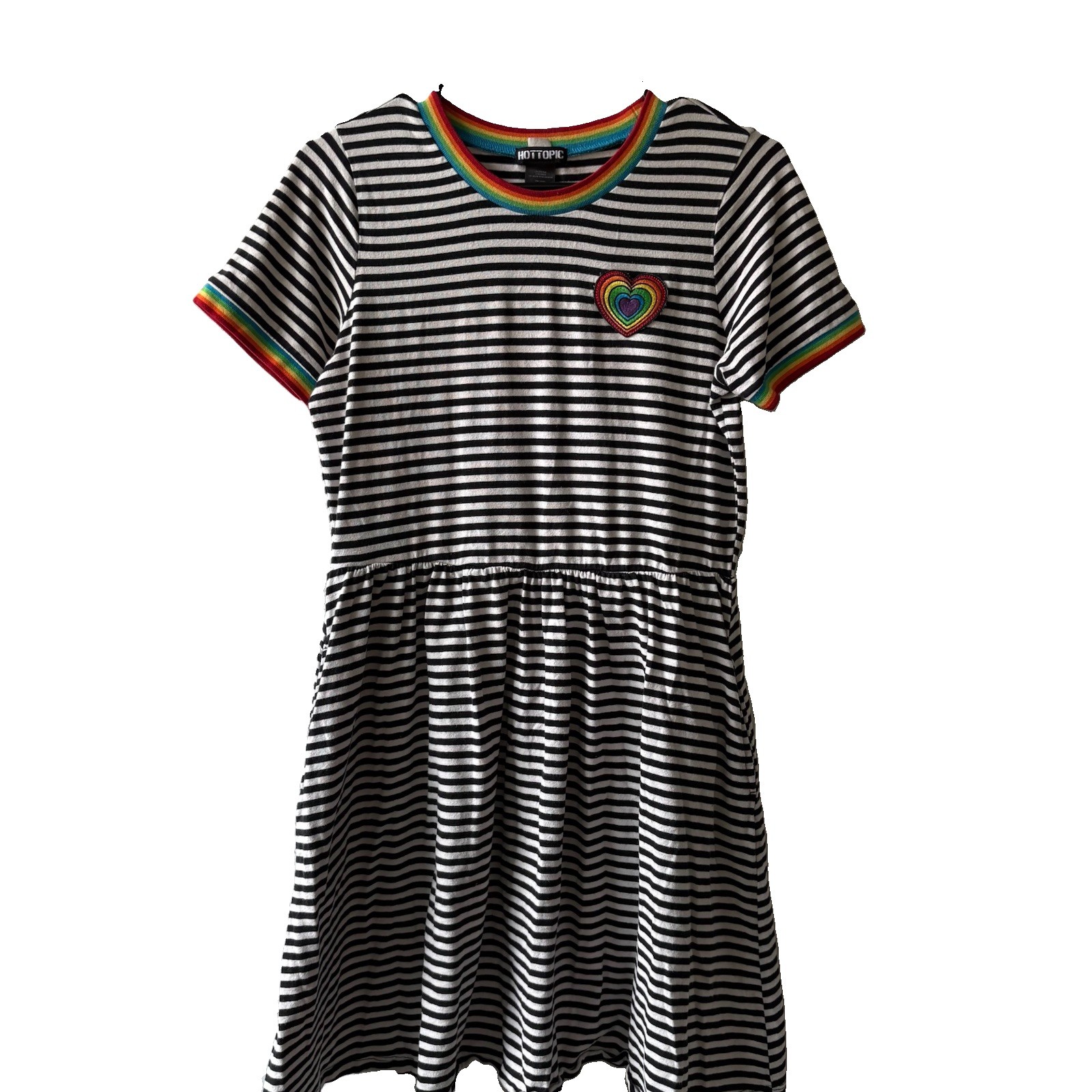 Hot Topic Striped Knit T-Shirt Dress Rainbow Trim Heart Patch Short Sleeve M