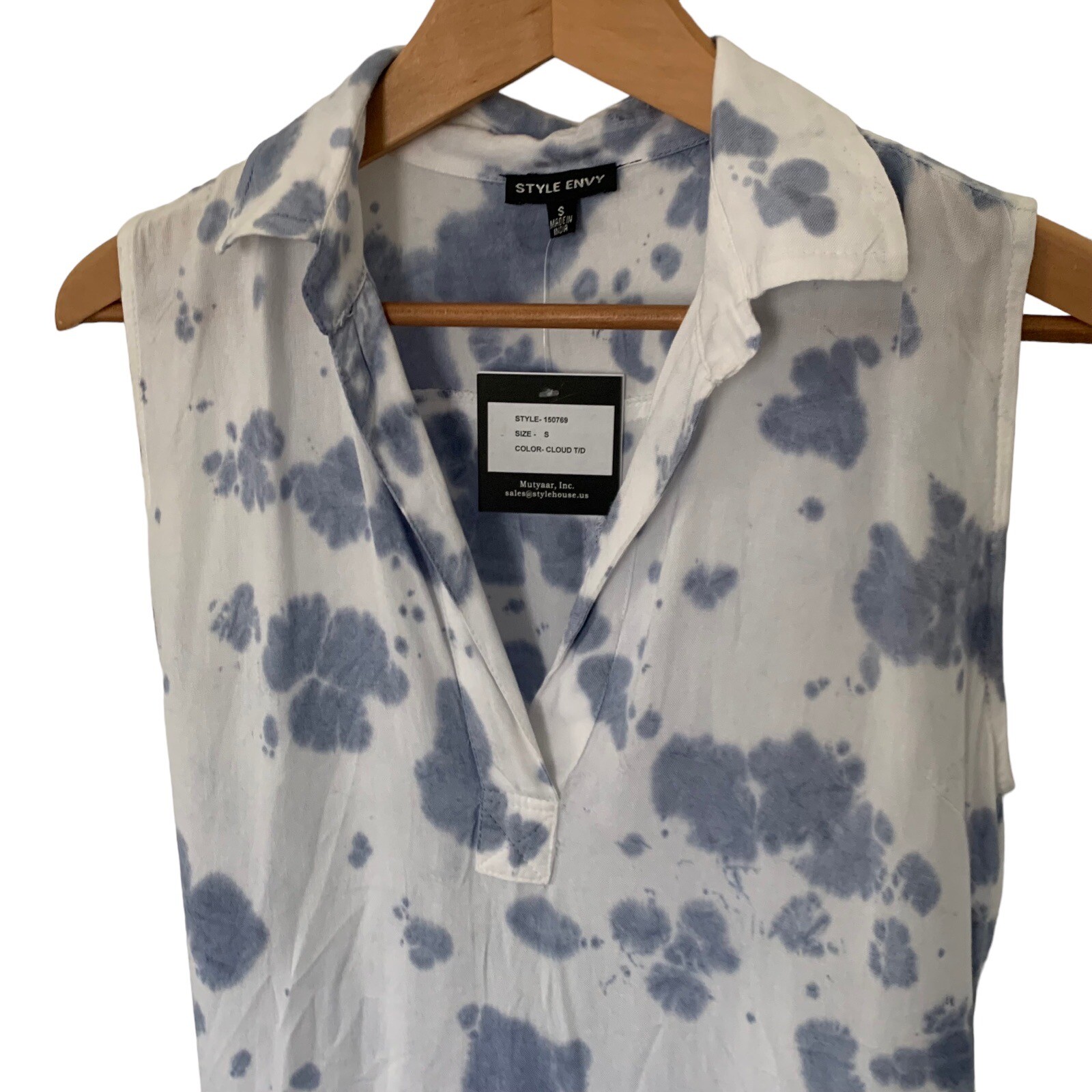 STYLE ENVY Womens Sz Small Blue Tie Dye Jersey Dress Boho Shirt Collar NEW