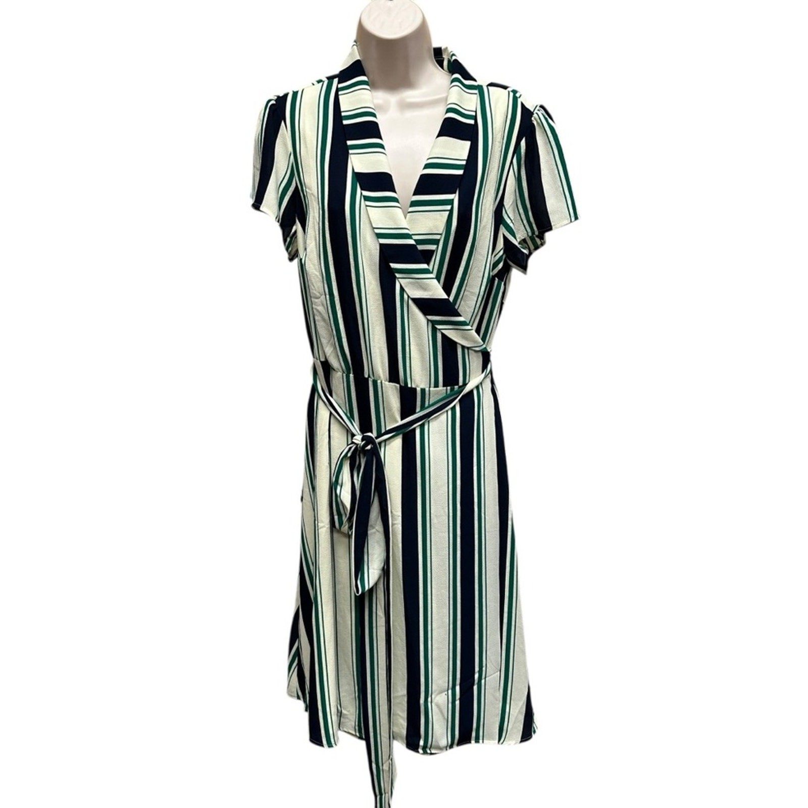 ModCloth Vertical Striped Wrap Dress Green Blue Womens 2x mod pin up