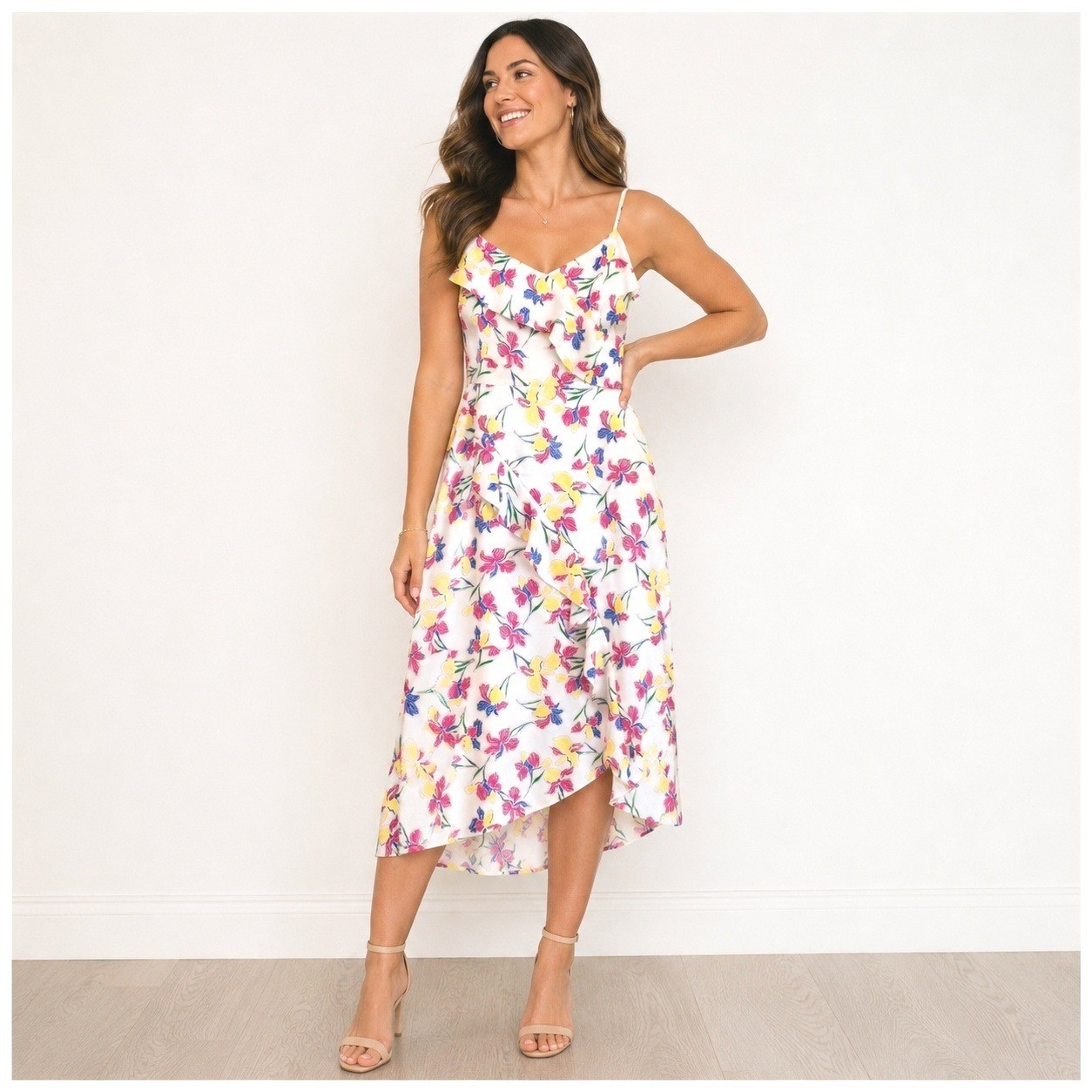 Banana Republic Floral Ruffle Midi Dress Sz 12 Asymmetrical Summer Wedding Guest