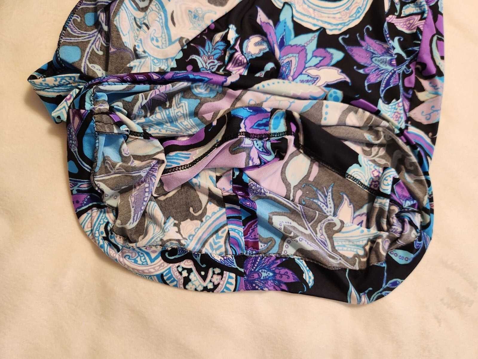 Cach’e Dress Sz-2 Blue Purple Paisley Floral w/Gold Accents Sexy Wrap Hip Buckle