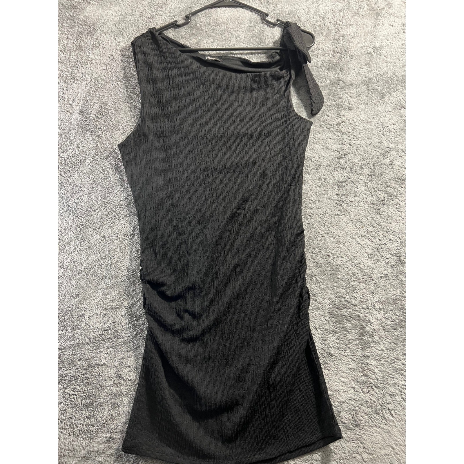 Plashe Black Textured One Shoulder Tie Ruched Mini Dress Womens Large