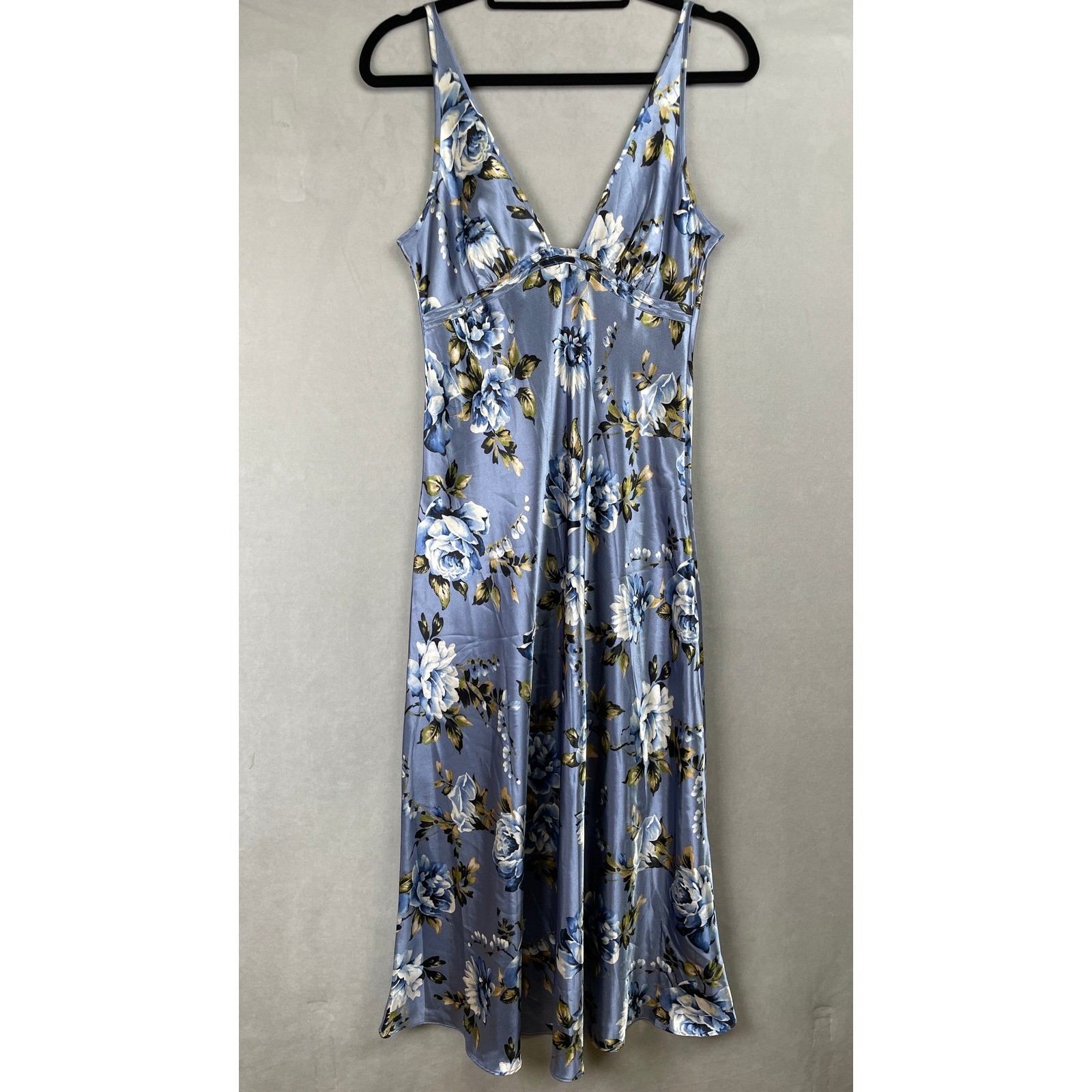Jones New York Blue Floral Romantic Satin Soft Girl Spring Dress Midi V-Neck M