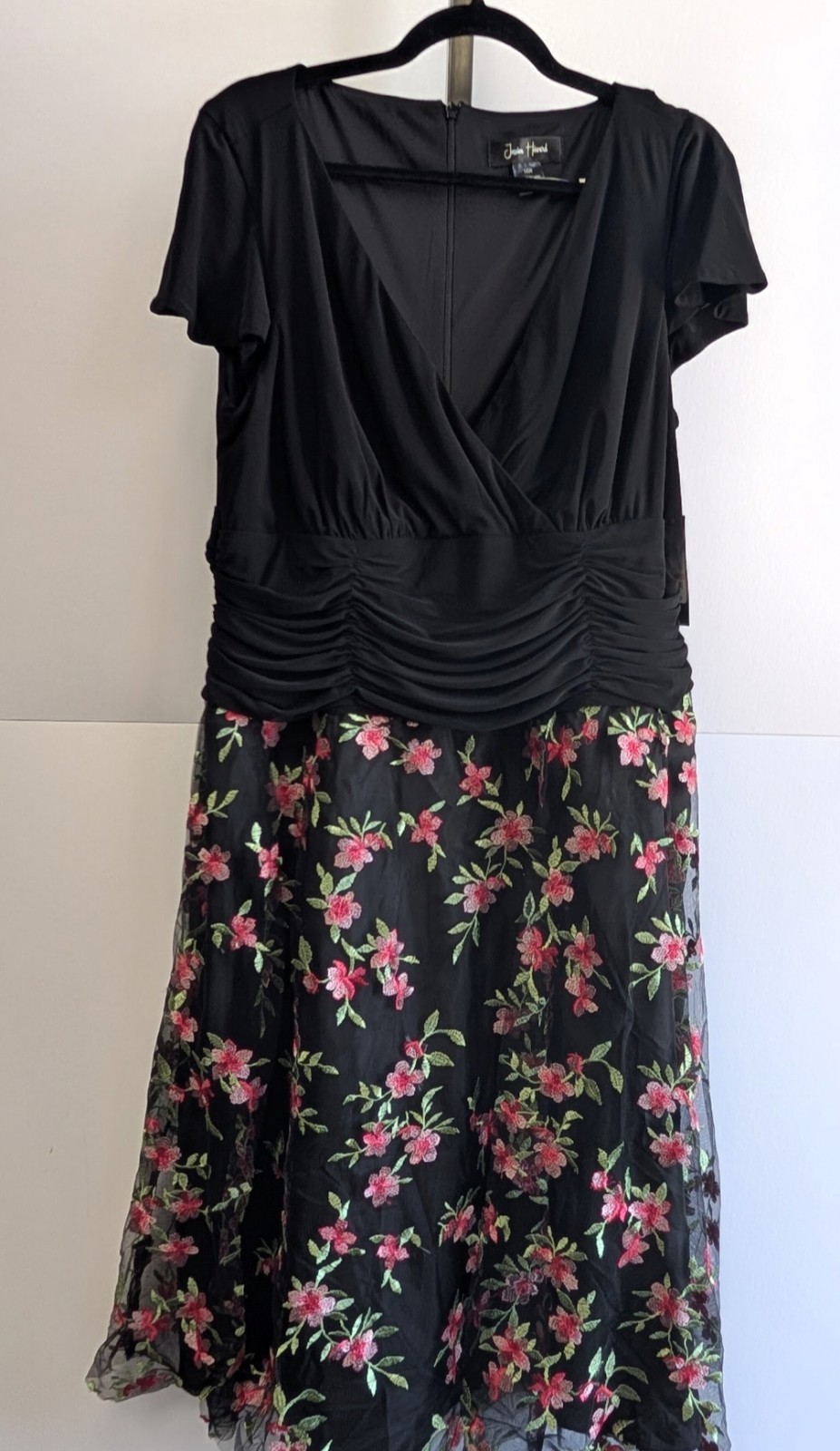 NWT Jessica Howard Fit & Flare Dress 14W Black Floral Embroidered Mesh Skirt