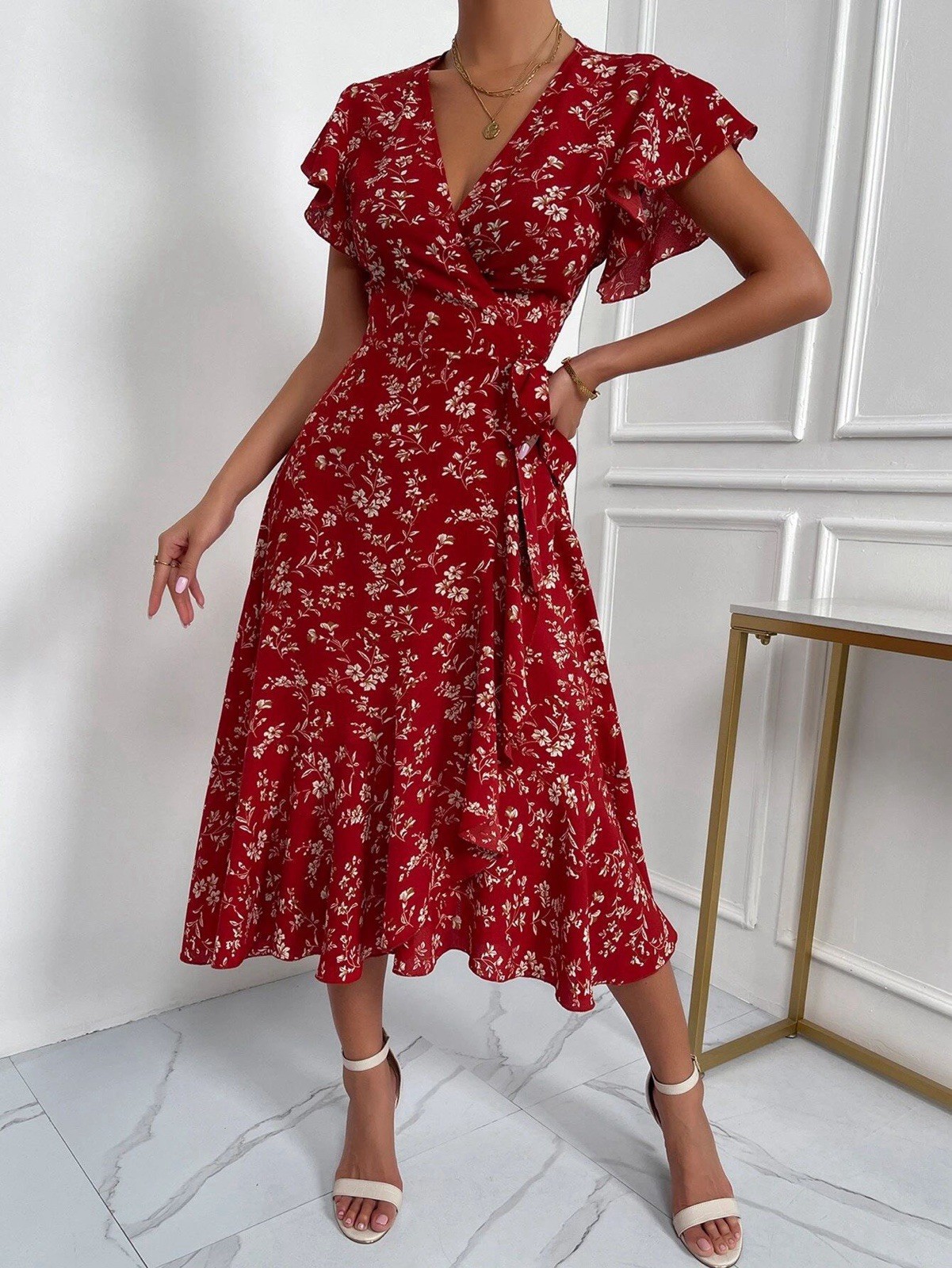Women’s Floral Midi V-Neck Ruffle Short Sleeve Dress Sz L