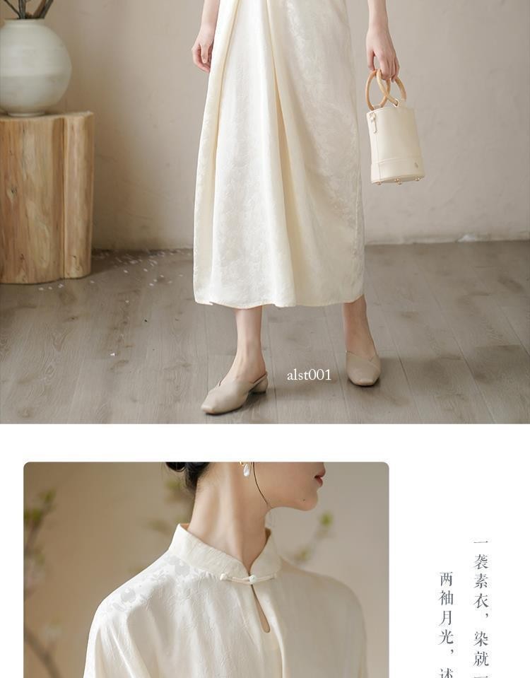 Retro Chinese Style Zen Design Womens Stand Collar 3/4 Sleeve Long Dresses Qipao