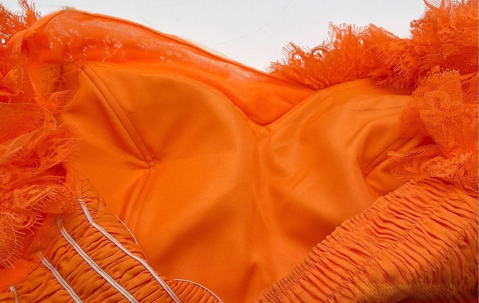Oyemwen Orange Tulle Ruffle Tiered Gown Sheer Long Sleeve Smocked Maxi Dress NWT