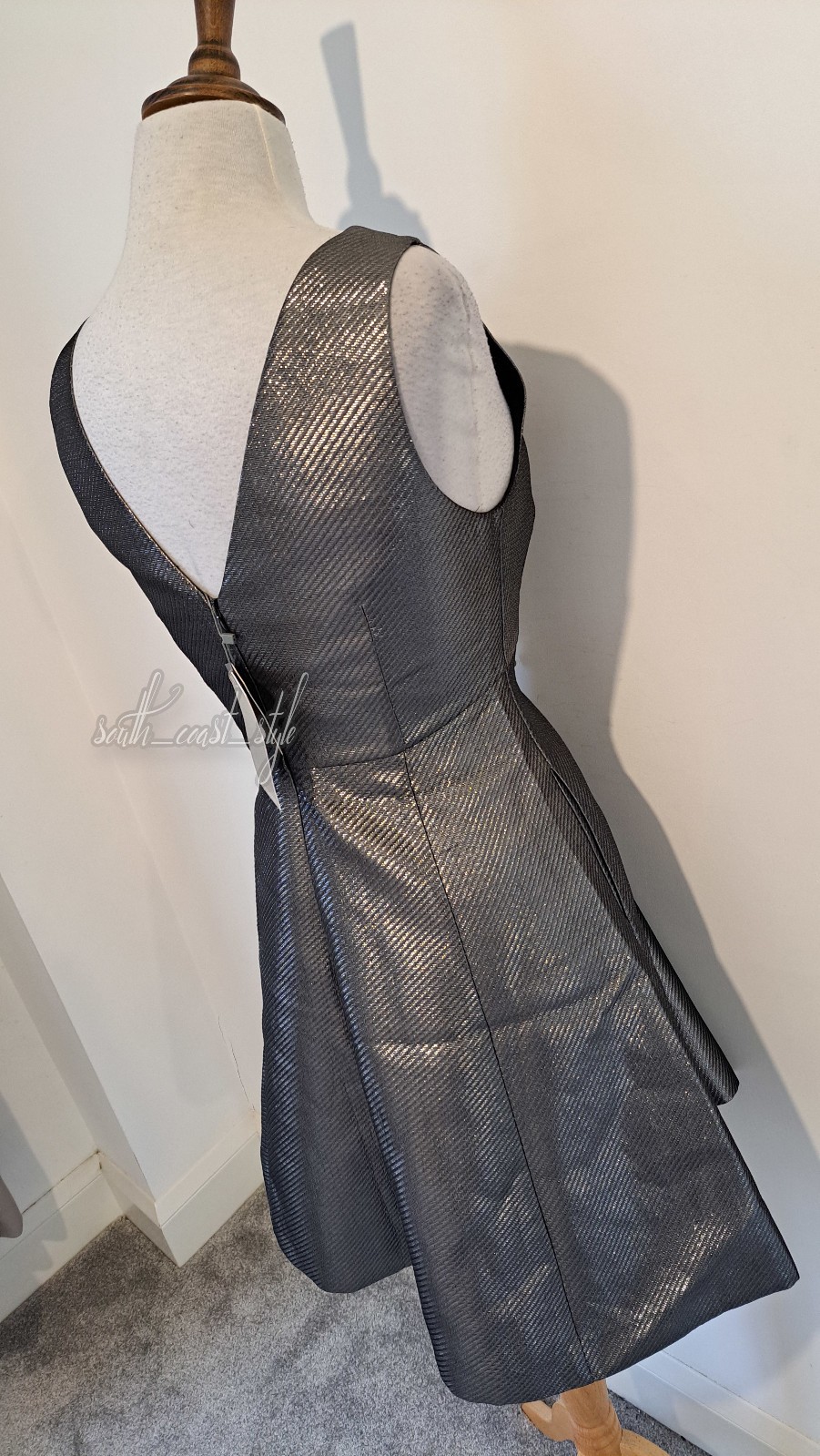 OASIS – Silver Metallic Striped Structured Fit & Flare Dress – Size 12 BNWT