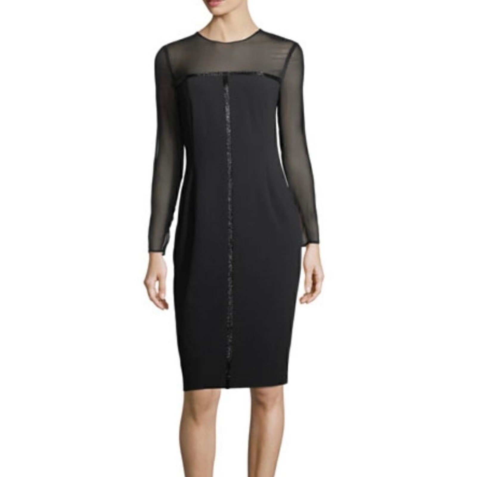 Escada Dhrti Black Beaded Sheer Mesh Illusion Midi Dress Silk S 36 NEW $1595