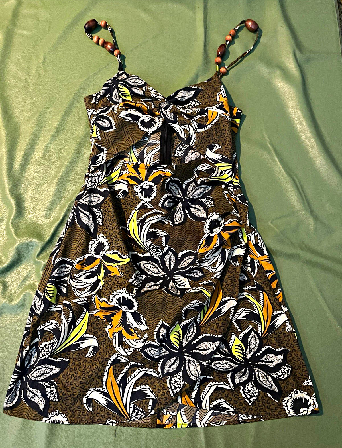 Zara XS Floral V-Neck Short Sundress Beaded Spaghetti Straps Brown Yellow