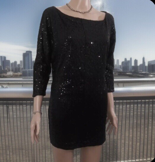 Black Sequin Dress (SIZE TAG MISSING) Bust 32in Length 30in Boat Neck 3/4 Sleeve