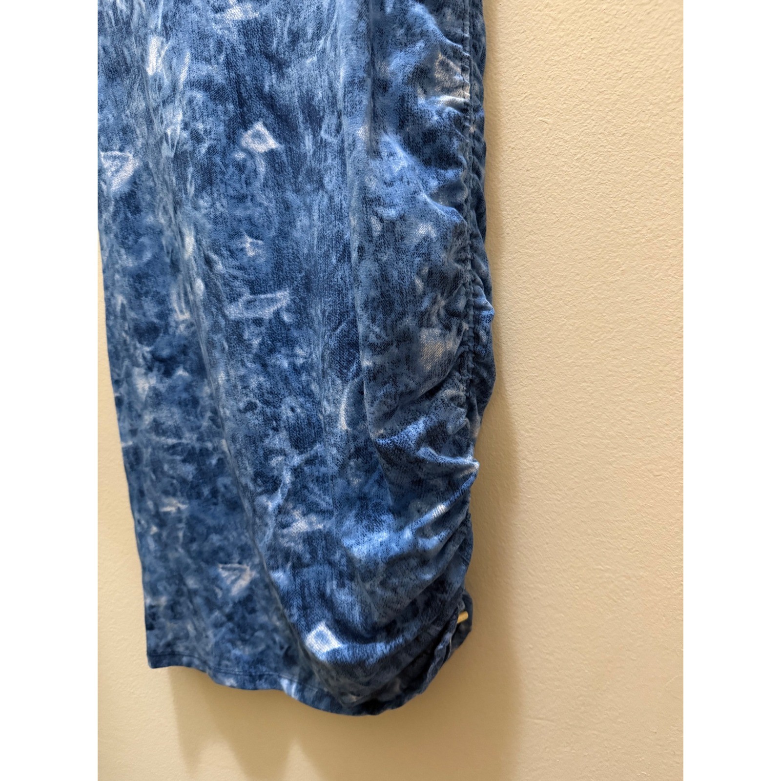 Michael Kors Sun Waves Ruched Bodycon Midi Dress Blue Tie Dye Stretch – S