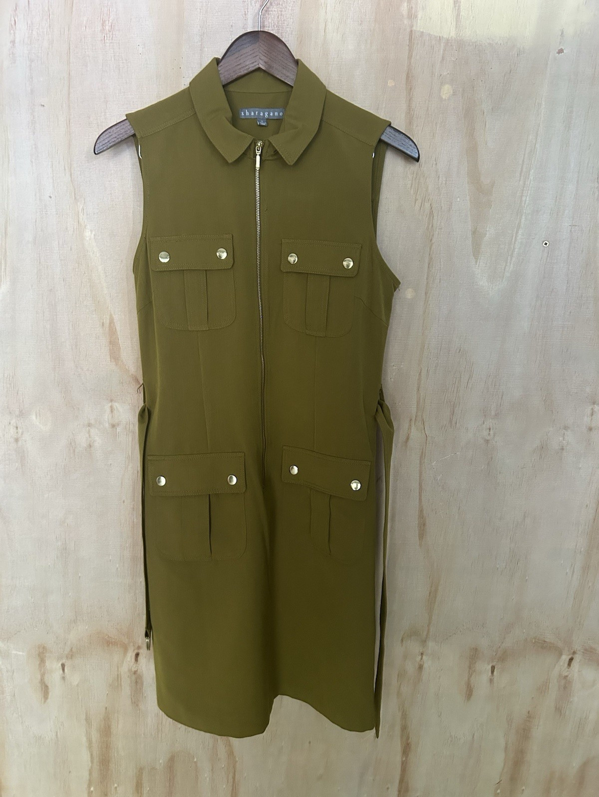 Sharagano Green Jacket Dress Women Size 6 Sleeveless Collared Zip Pockets