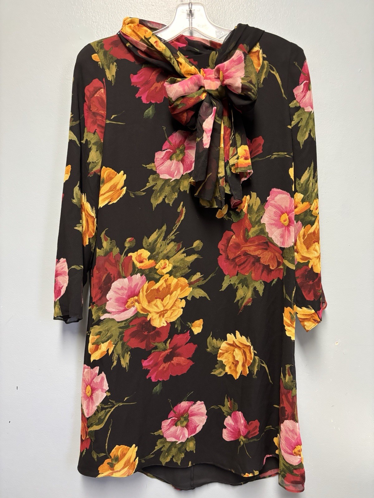 VTG Linda Allard Ellen Tracy Sz 6 Silk Floral Sheath Dress Black Removable Scarf