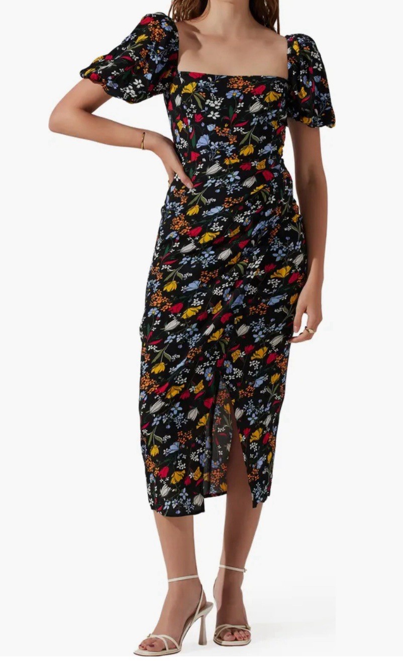 ASTR the label Black Floral Puff Short Sleeve Midi Dress Medium Smocked Back