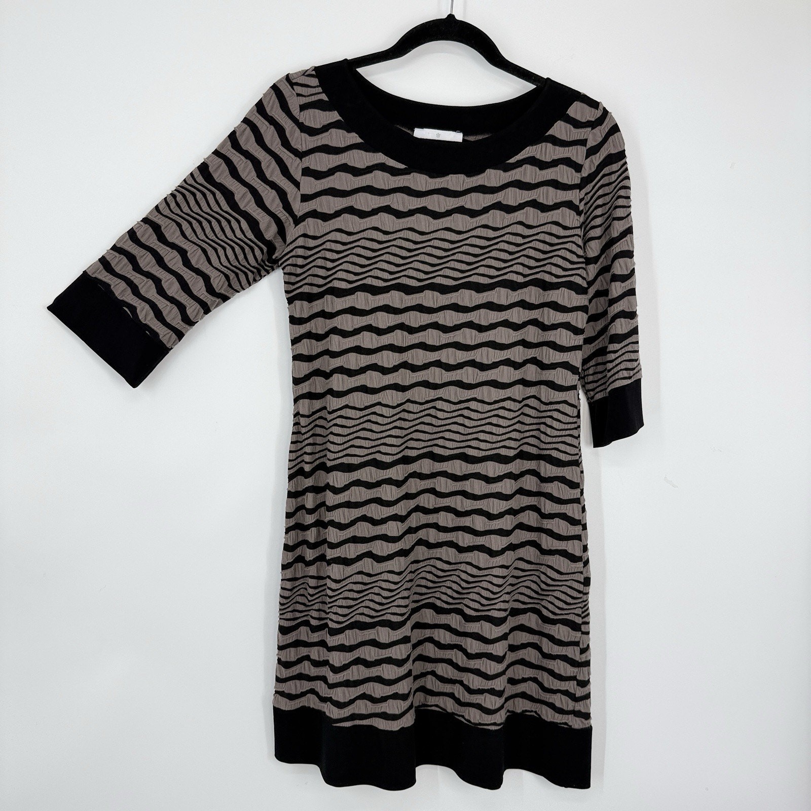 Papillon Blanc Shift Dress Large Textured Seamed Gray Stripe Lagenlook