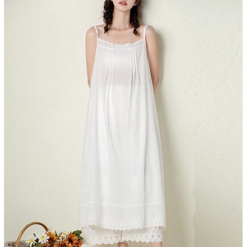 Lady 100% Cotton Camisole Full Slip Dress Cami Chemise Maxi Lace Dress Petticoat