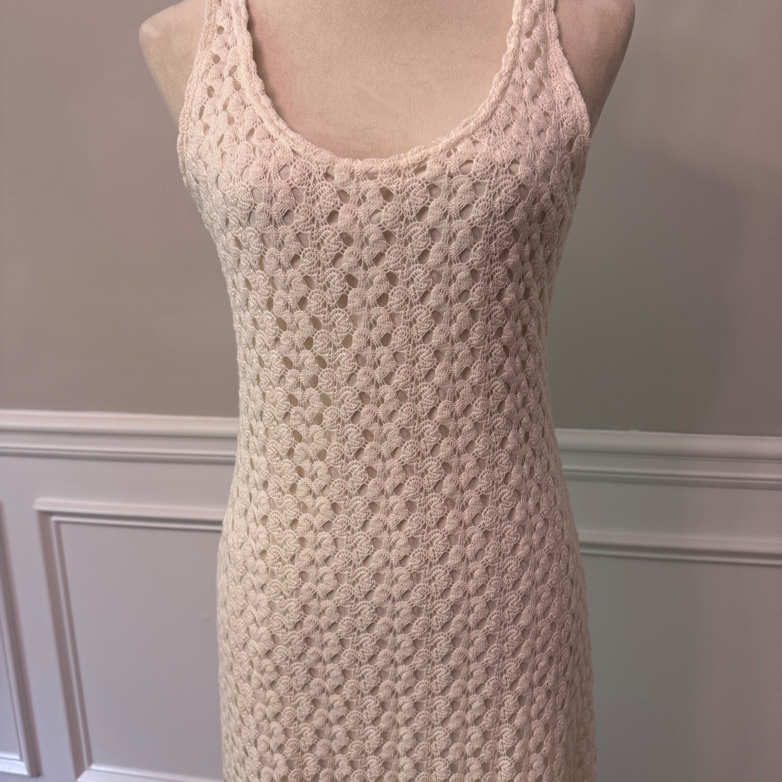 Y2K Cream Crochet Cottagecore Maxi Earthy Boho Sleeveless Scoop Neck L