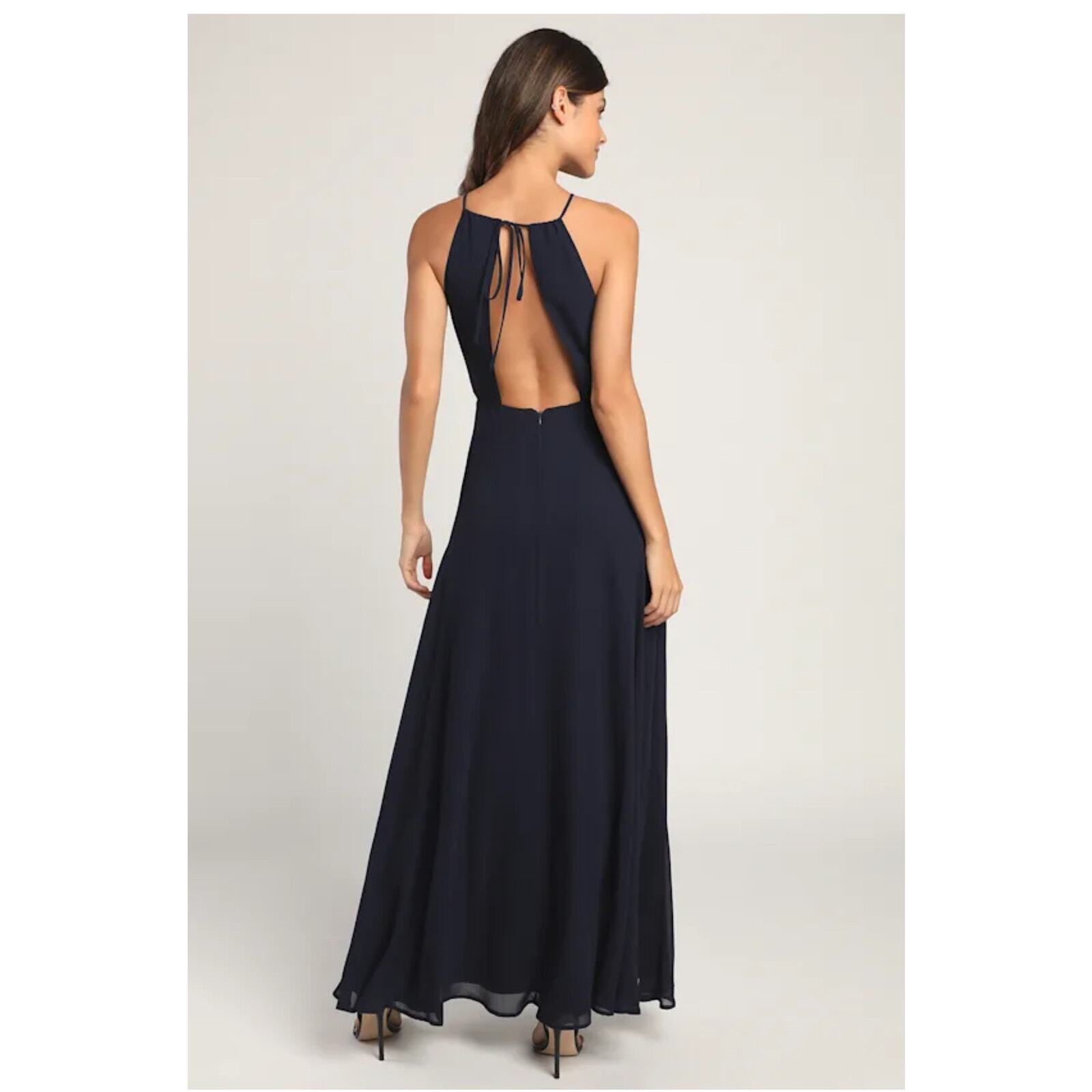 Lulus Aim for Amour Navy Blue Halter Neck Chiffon Maxi Slit Women’s Dress M