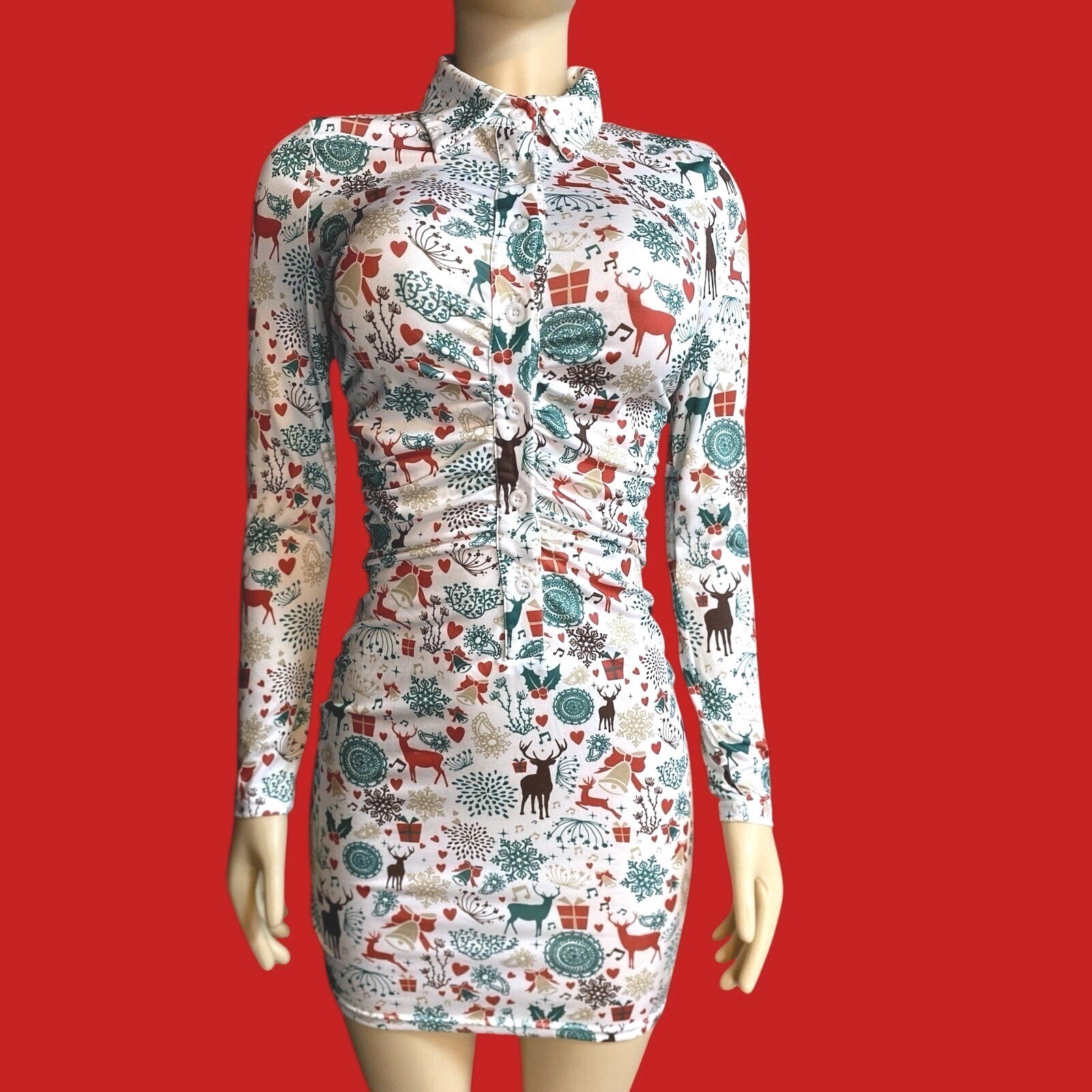 Christmas Holiday Long Sleeve Button Down Bodycon Mini Dress Small