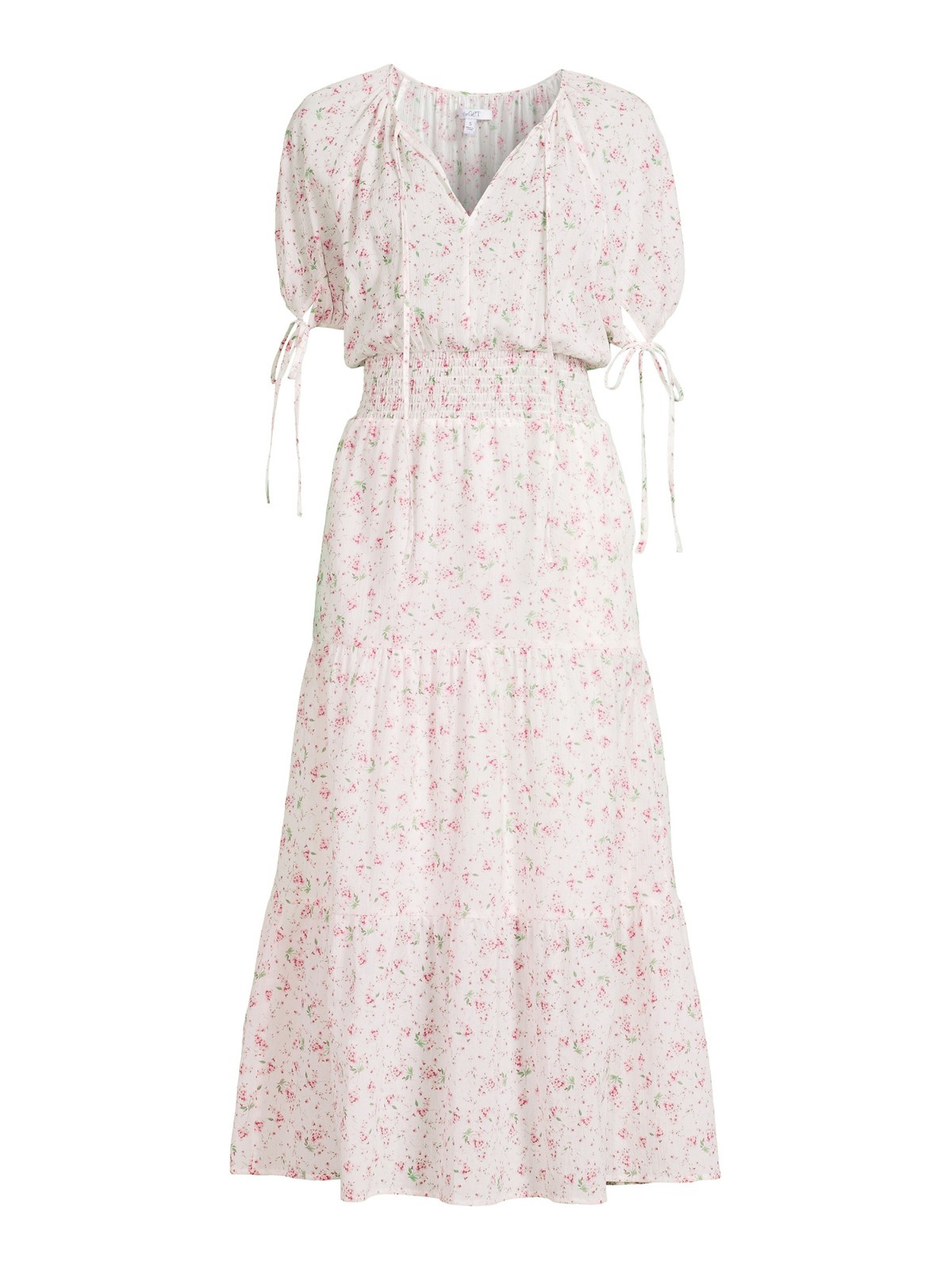 White Cotton Pink Floral Summer Dress Flowy Tiers Prairie Cottagecore Romantic S