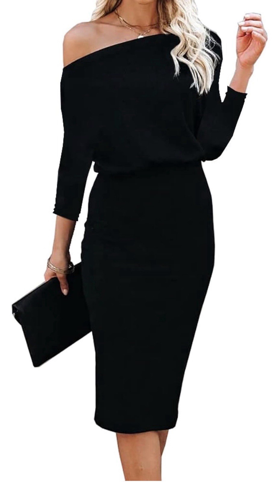 Ezbelle Off The Shoulder Women Batwing 3/4 Sleeve Hip Wrap Bodycon Dress Black M