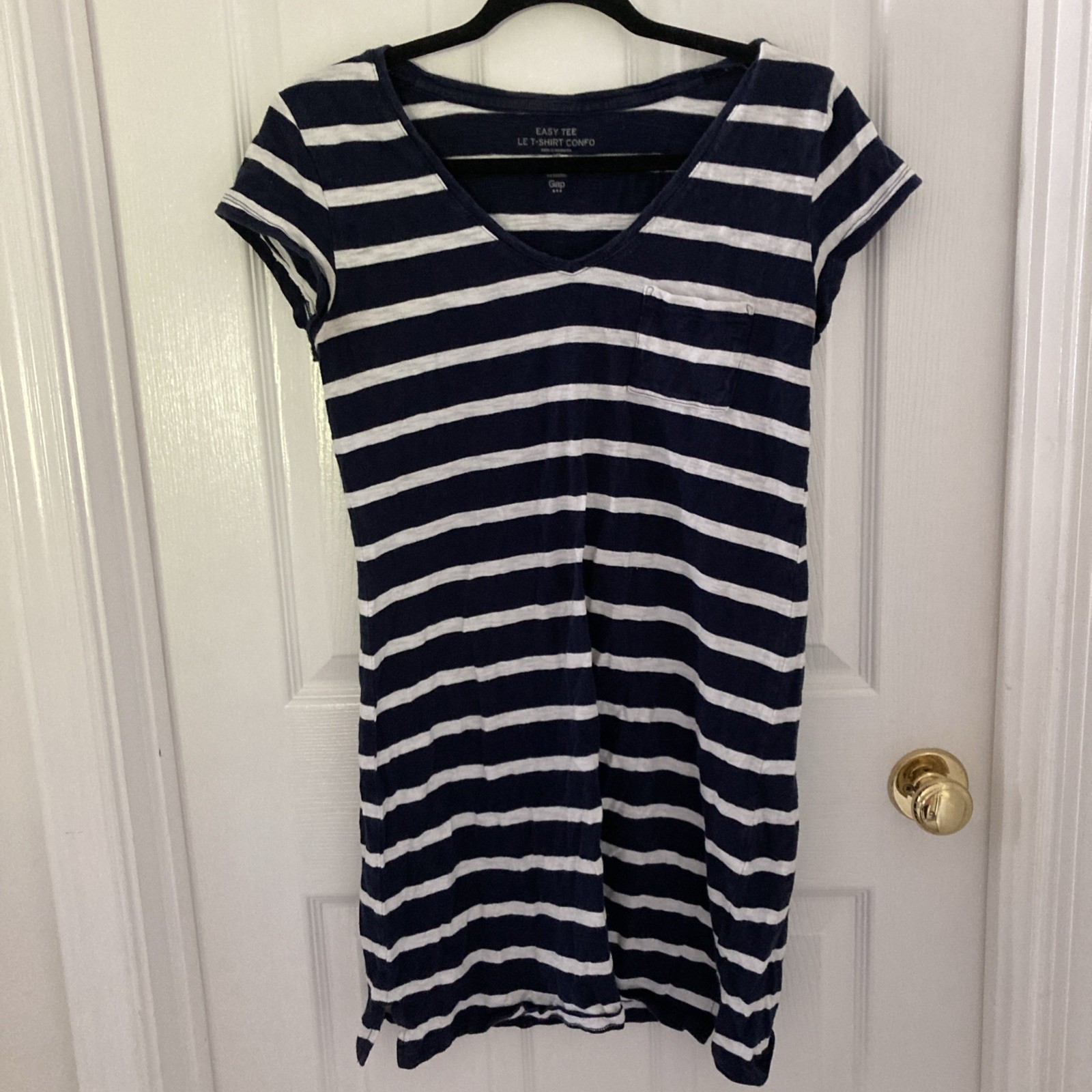 Women’s GAP Blue White Striped Cotton Cuff Sleeve T-Shirt Short Dress Size M