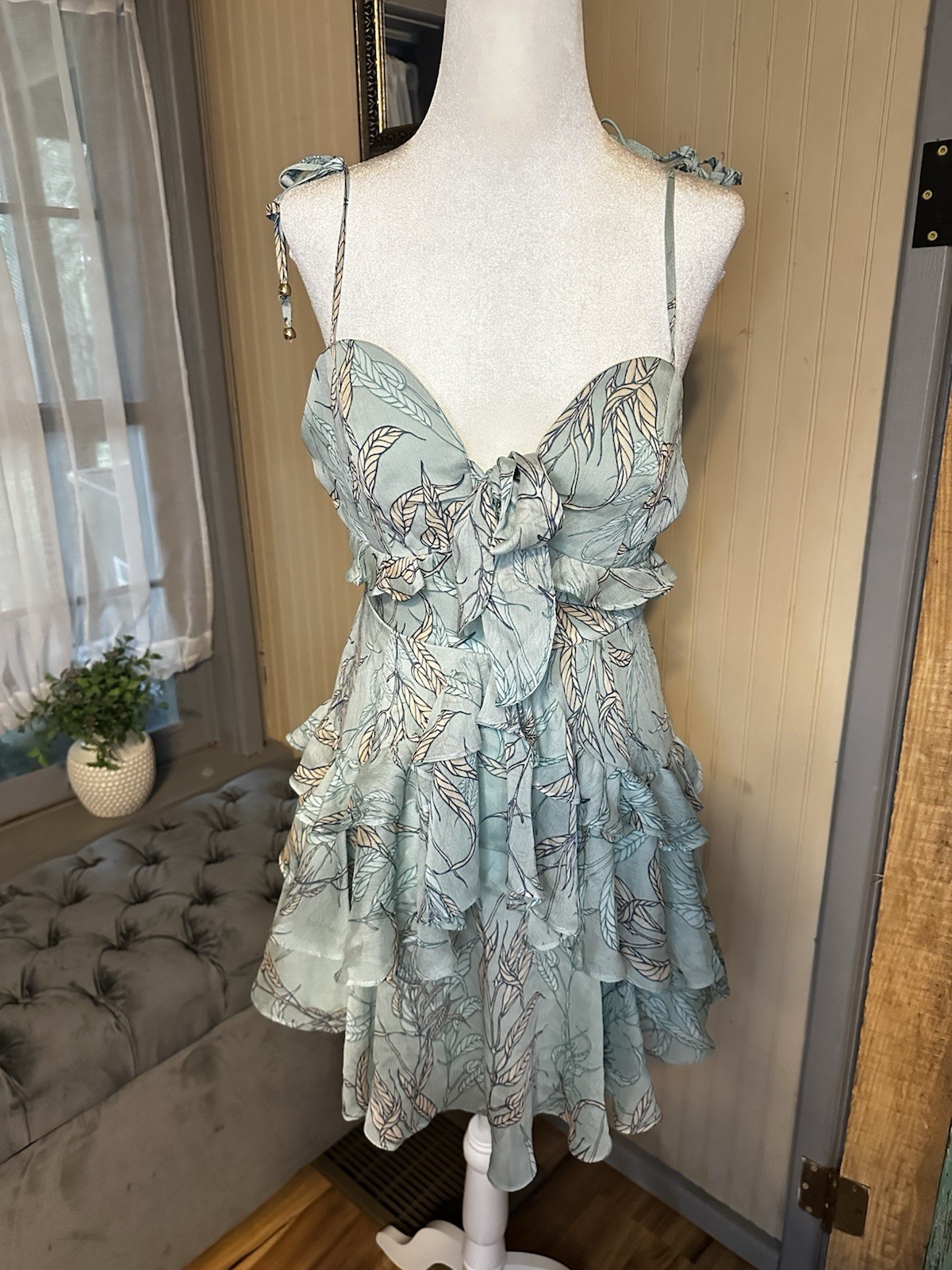 Hello Molly NWT Mint Leaf Print Ruffle Mini Dress Tie Strap Fit & Flare US 6