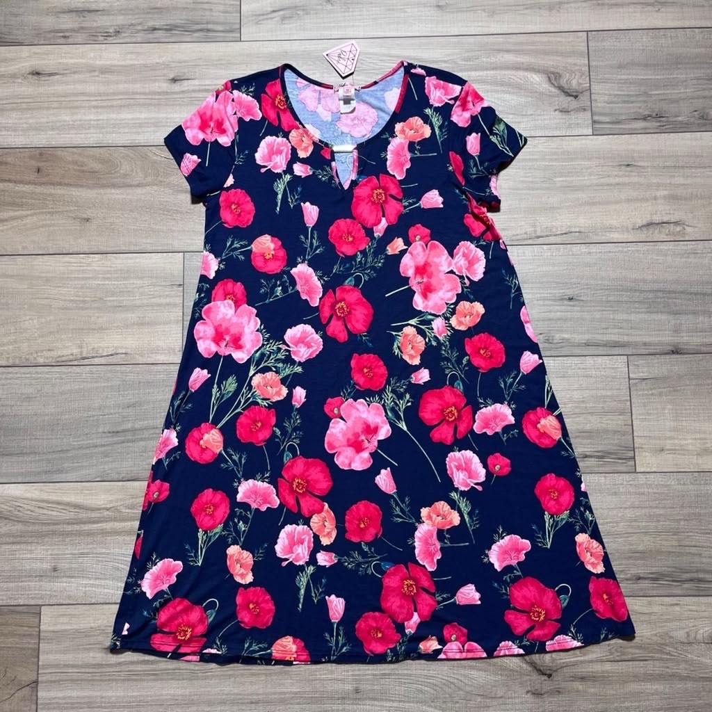 Rubee Womens Floral Short Sleece Swing Dress Size Medium Navy Blue Pink Red