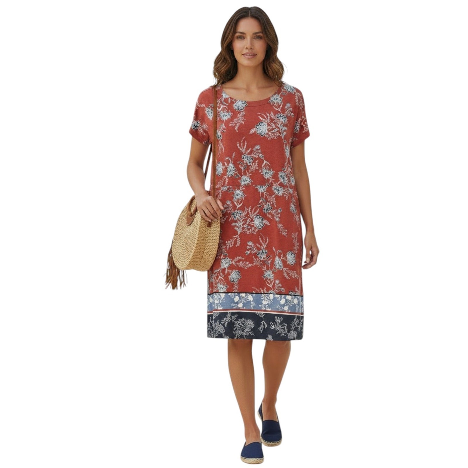 J Jill Dress Womens Medium M Tall Red Blue Floral Wherever Knit Pockets Border