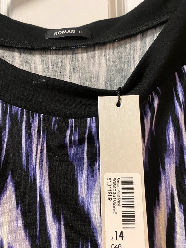 Roman sz 14 Border Print Maxi Dress, Shades of Blue, Black Border.Stunning Dress