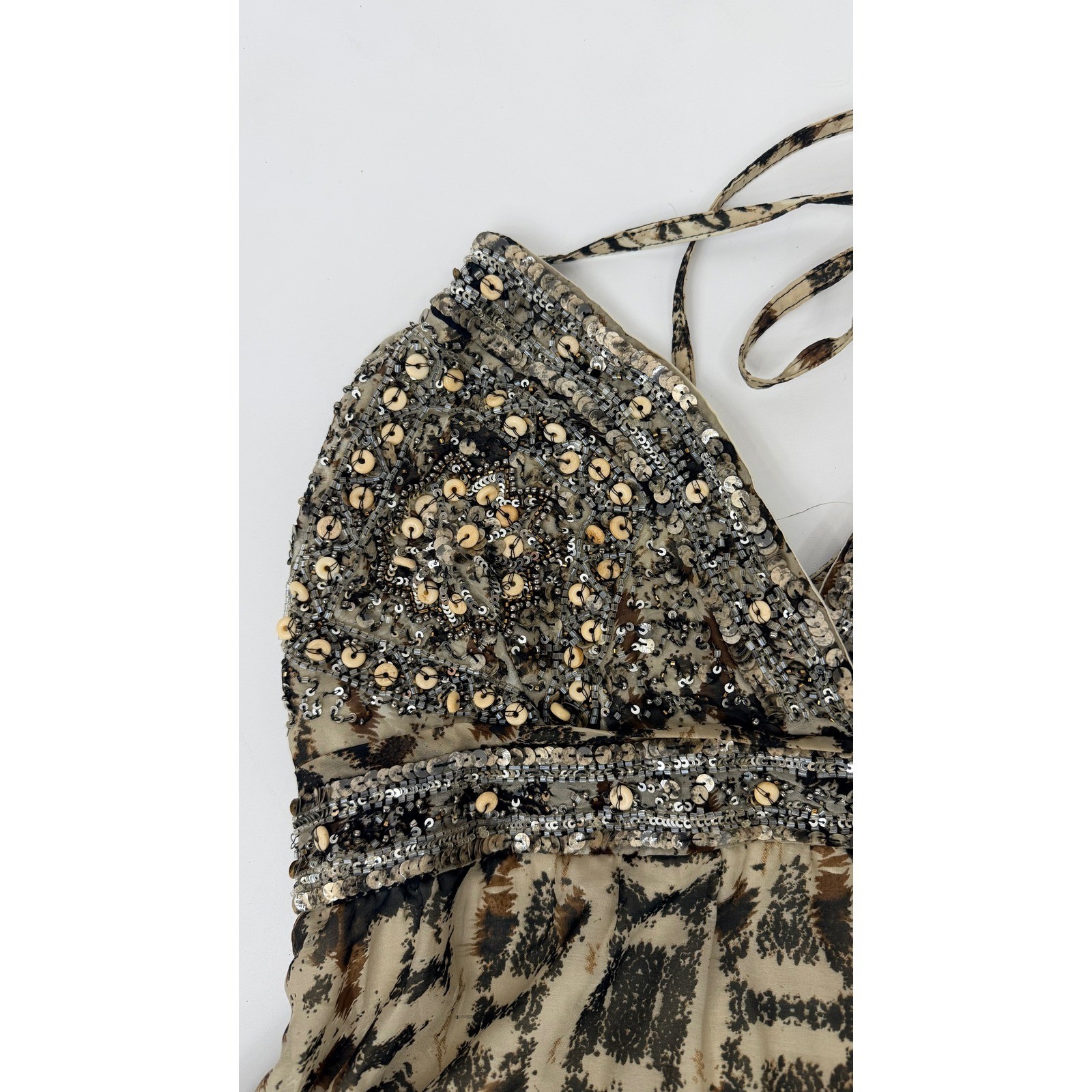 Boston Proper Sequin Animal Print Halter Maxi Dress Brown Tan Size 12 RN 127234