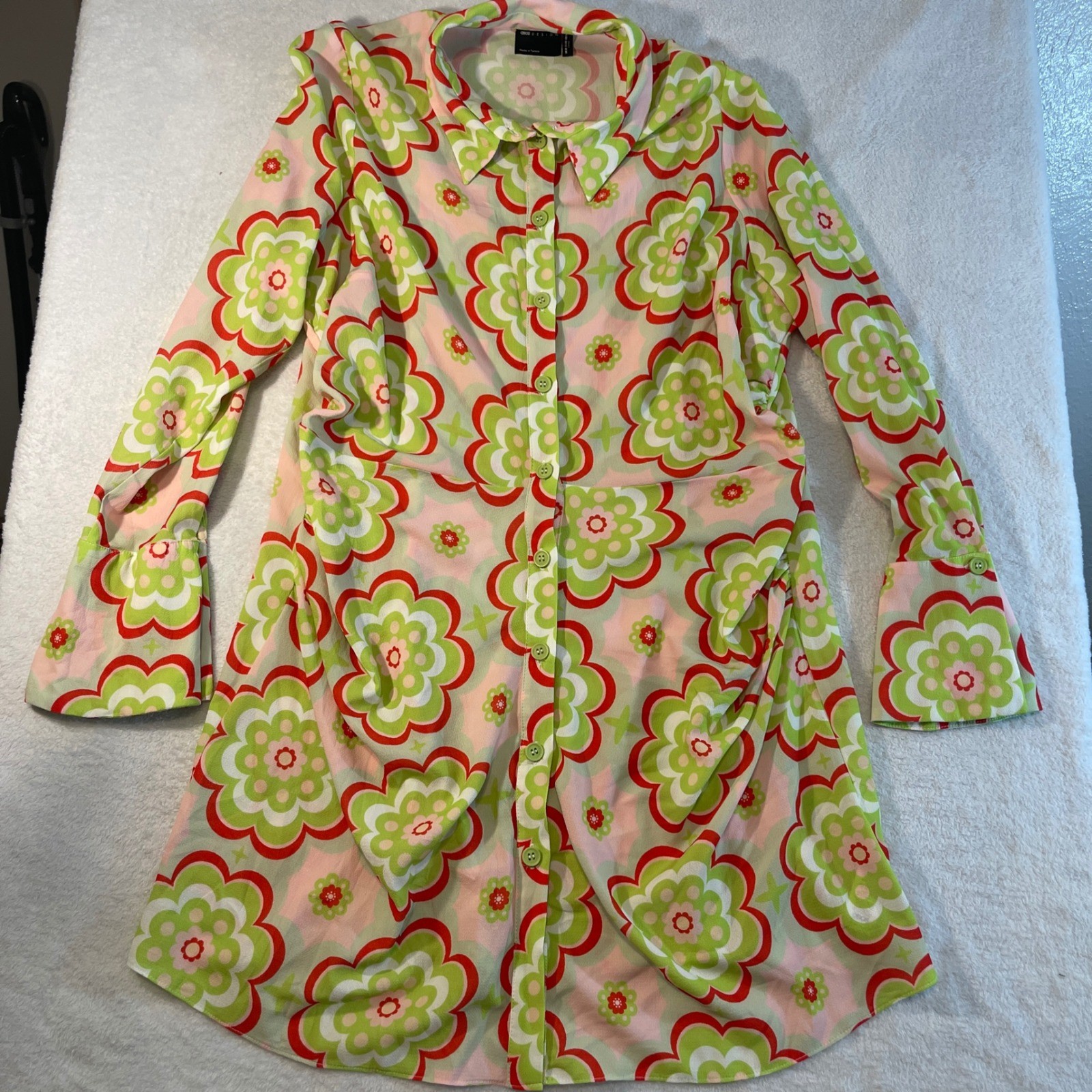 ASOS Design Curve Retro Floral Mini Shirt Dress Green Pink 70s Mod Flare Cuff 16