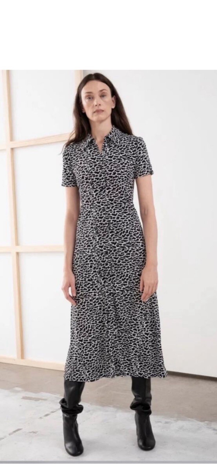 & Other Stories White Black Print Midi Dress Size 2