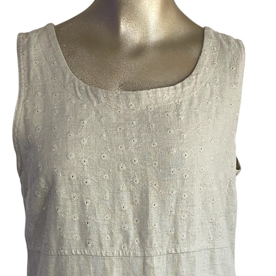 Vintage Kathie Lee Collection Linen Blend Eyelet Midi Dress Beige Small 90s Boho