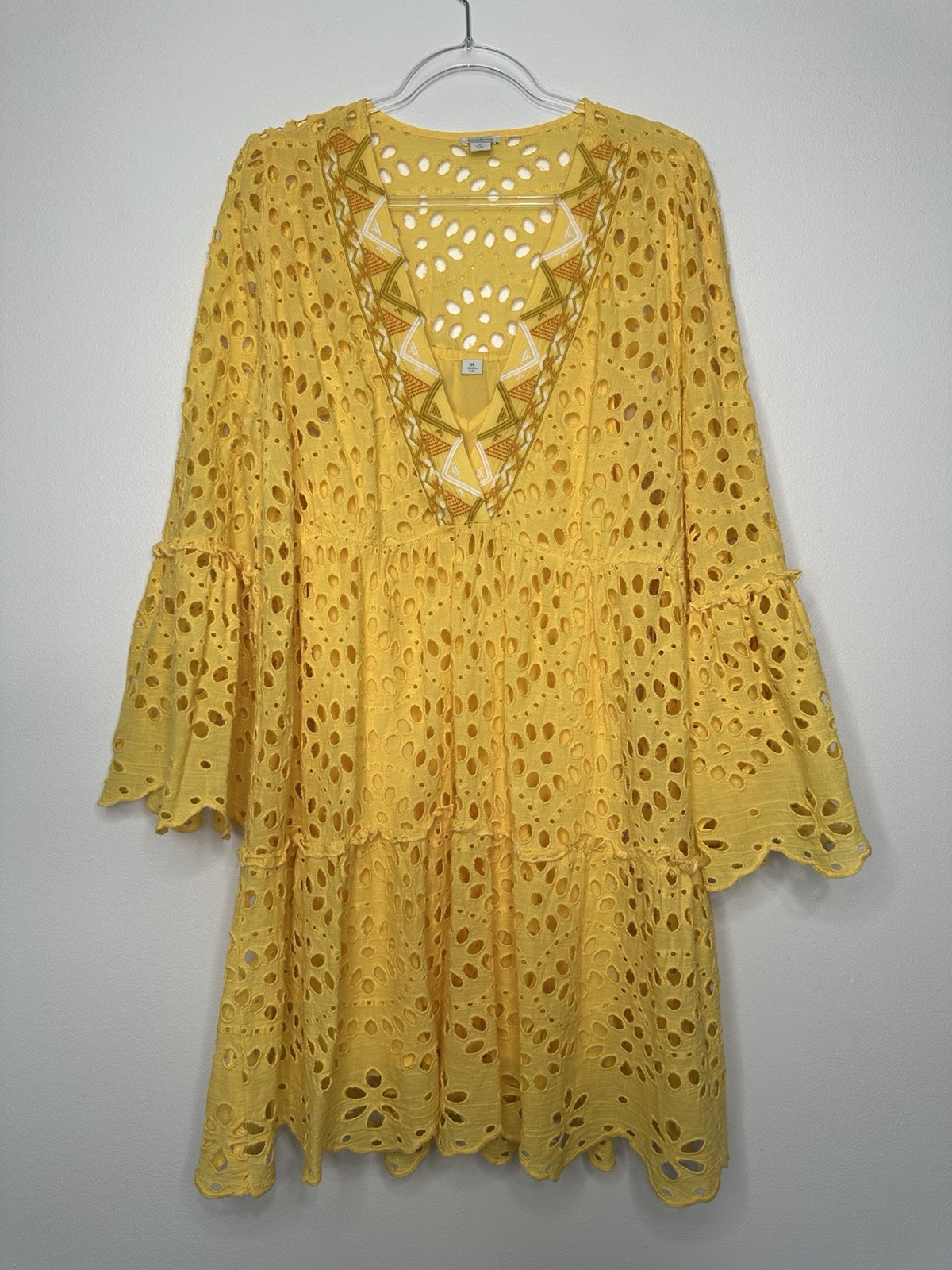 Sundance Yuki Eyelet Dress Womens size M Yellow Lined Embroidered Cotton