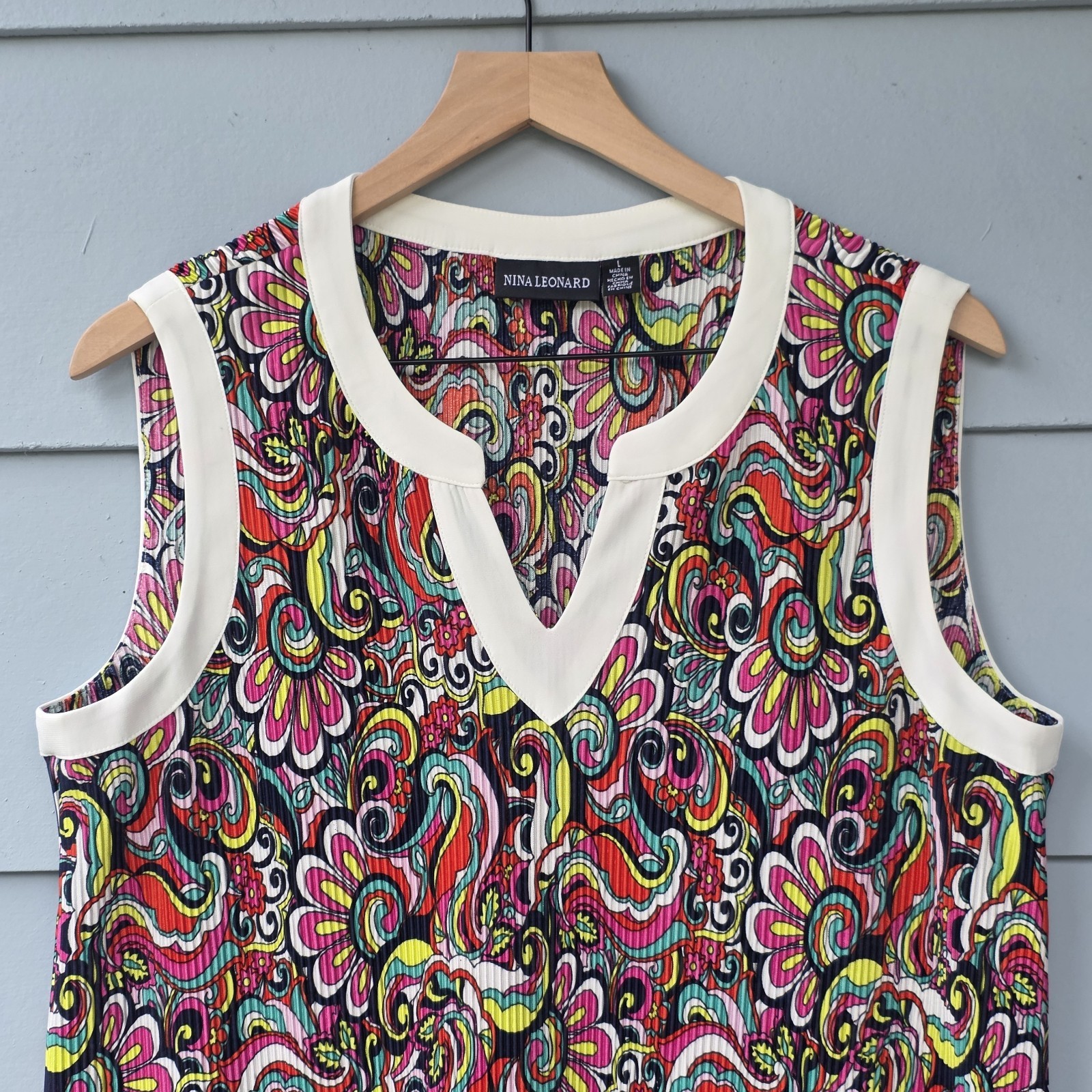 Nina Leonard Multicolor Floral Shift Midi Dress V-Neck Sleeveless Size L