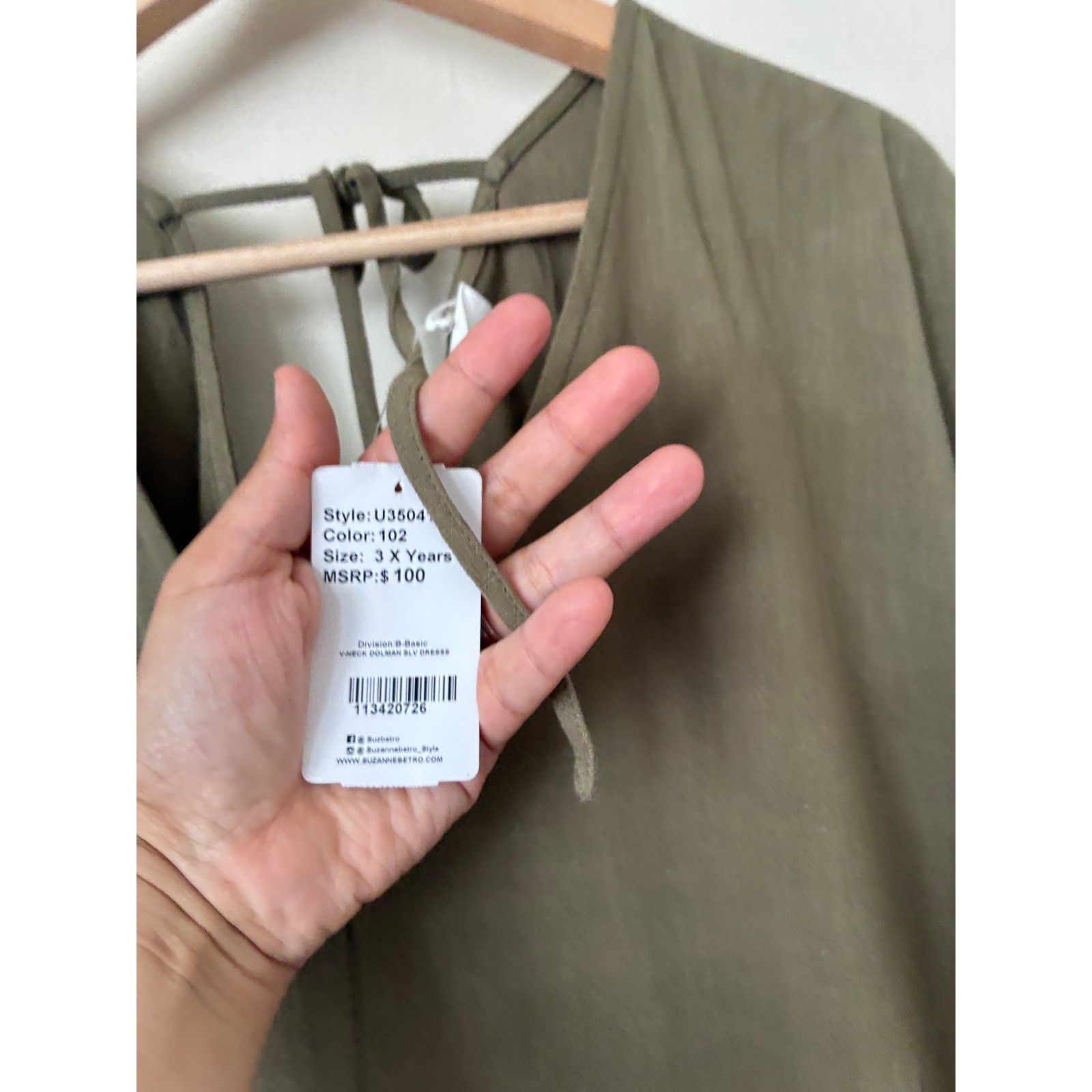 Suzanne Betro Simple Olive Green Linen Blend V-Neck Empire Waist Midi Dress 3X