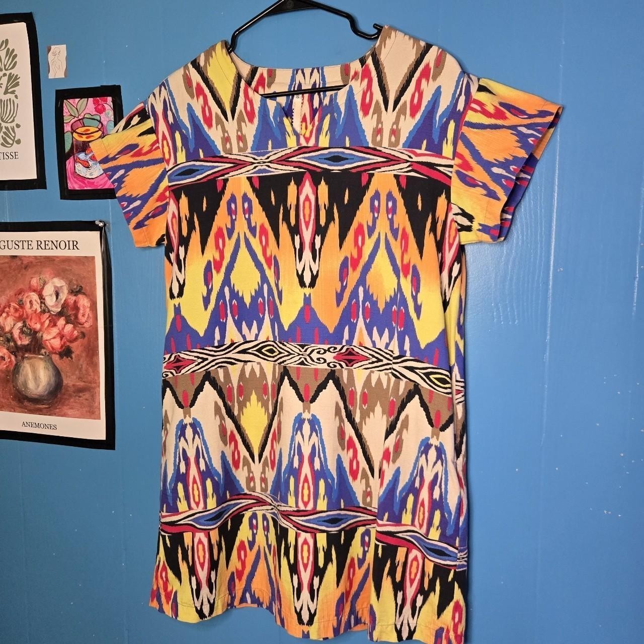 Uncle Frank Multicolor Geometric Aztec Shift Dress V-Neck Zip Short Sleeve S