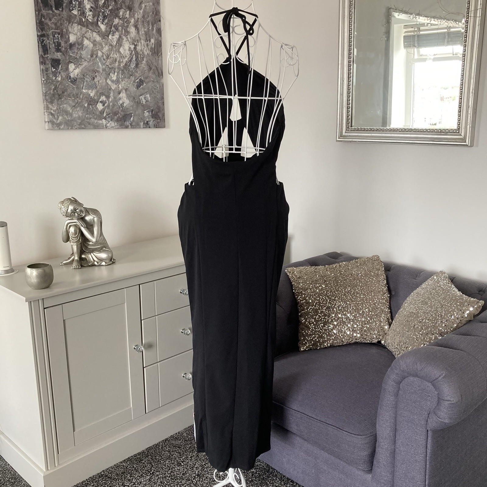 Black Halter Neck Cut Out Detailing Open Back Front Side Split Midi Dress 14 P
