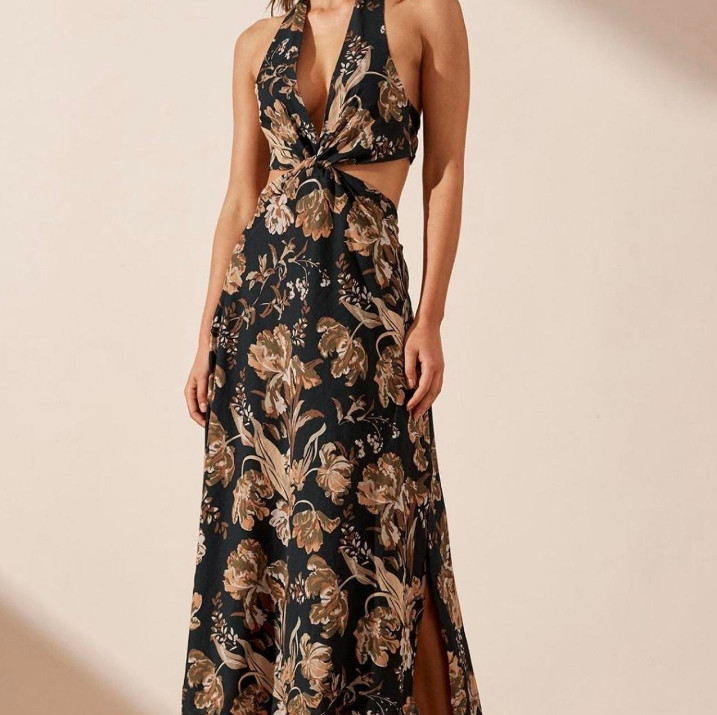 Shona Joy Dress Size AU 8 US 4 Floral Tie Back Halter Wedding Event Midi