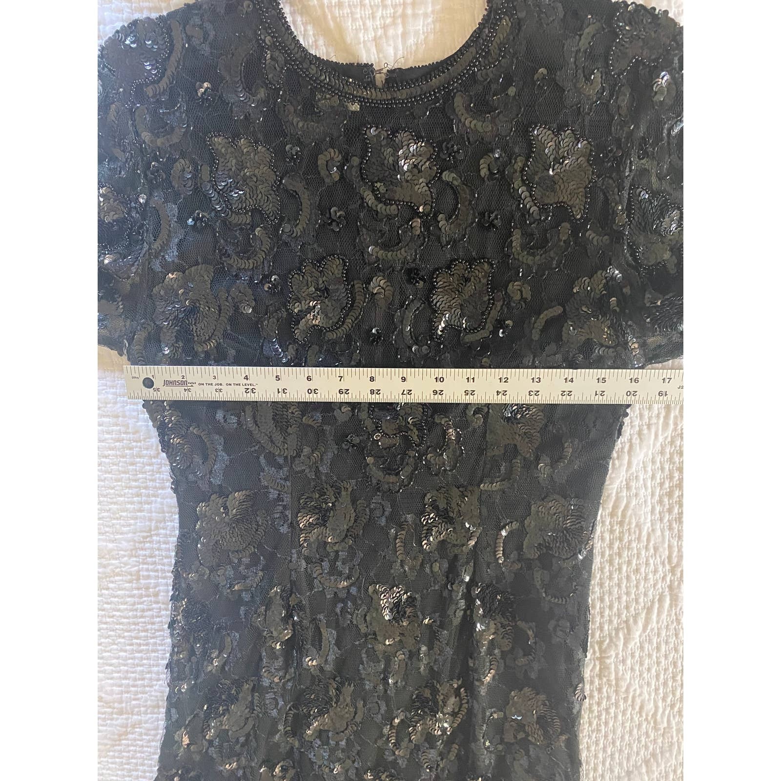 VINTAGE JUDITH ANN DRESS M BLACK SEQUIN BEADED TIERED RUFFLE SHEER MESH LACE