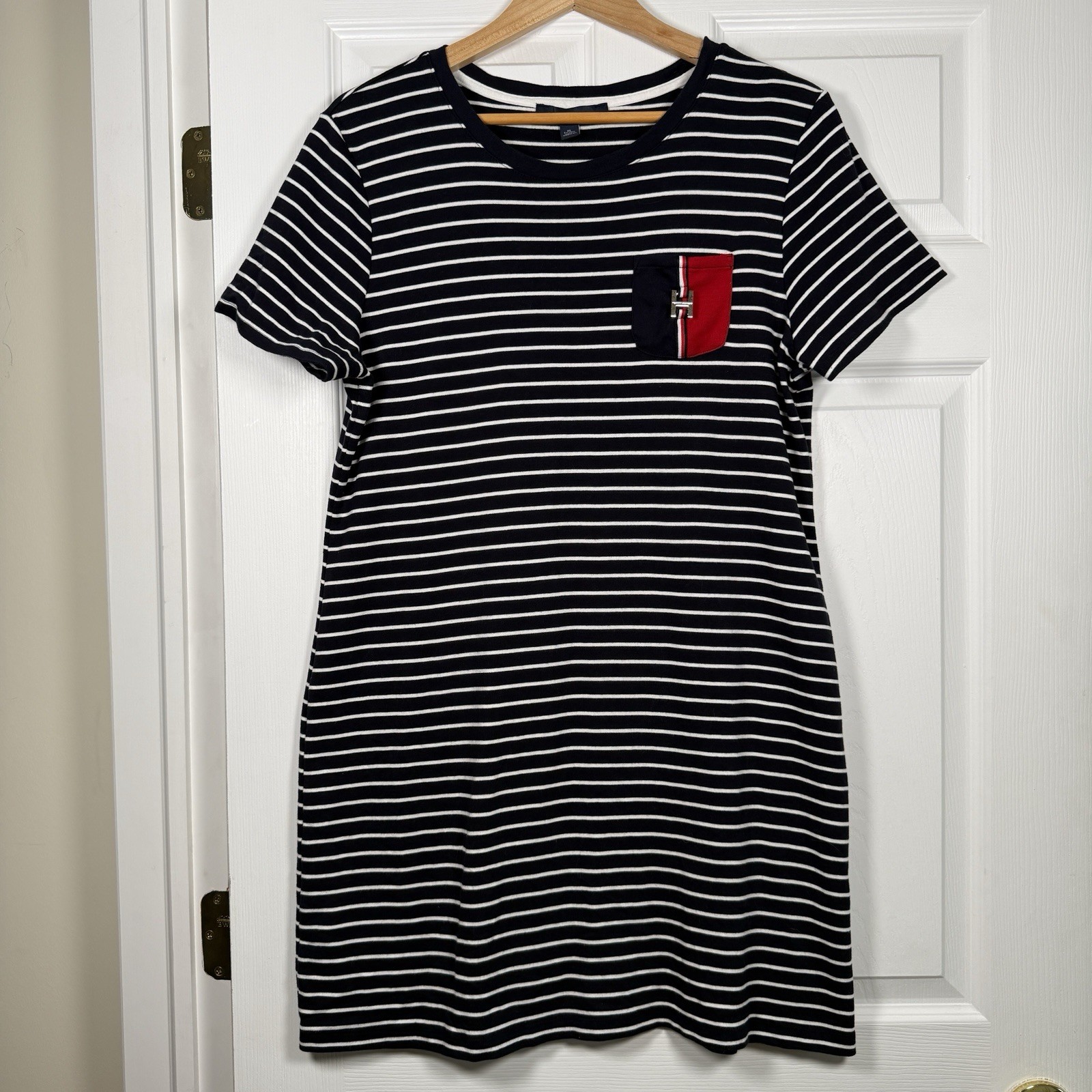Tommy Hilfiger Sail Away T-Shirt Dress Nautical Preppy Navy Blue Striped Sz XL