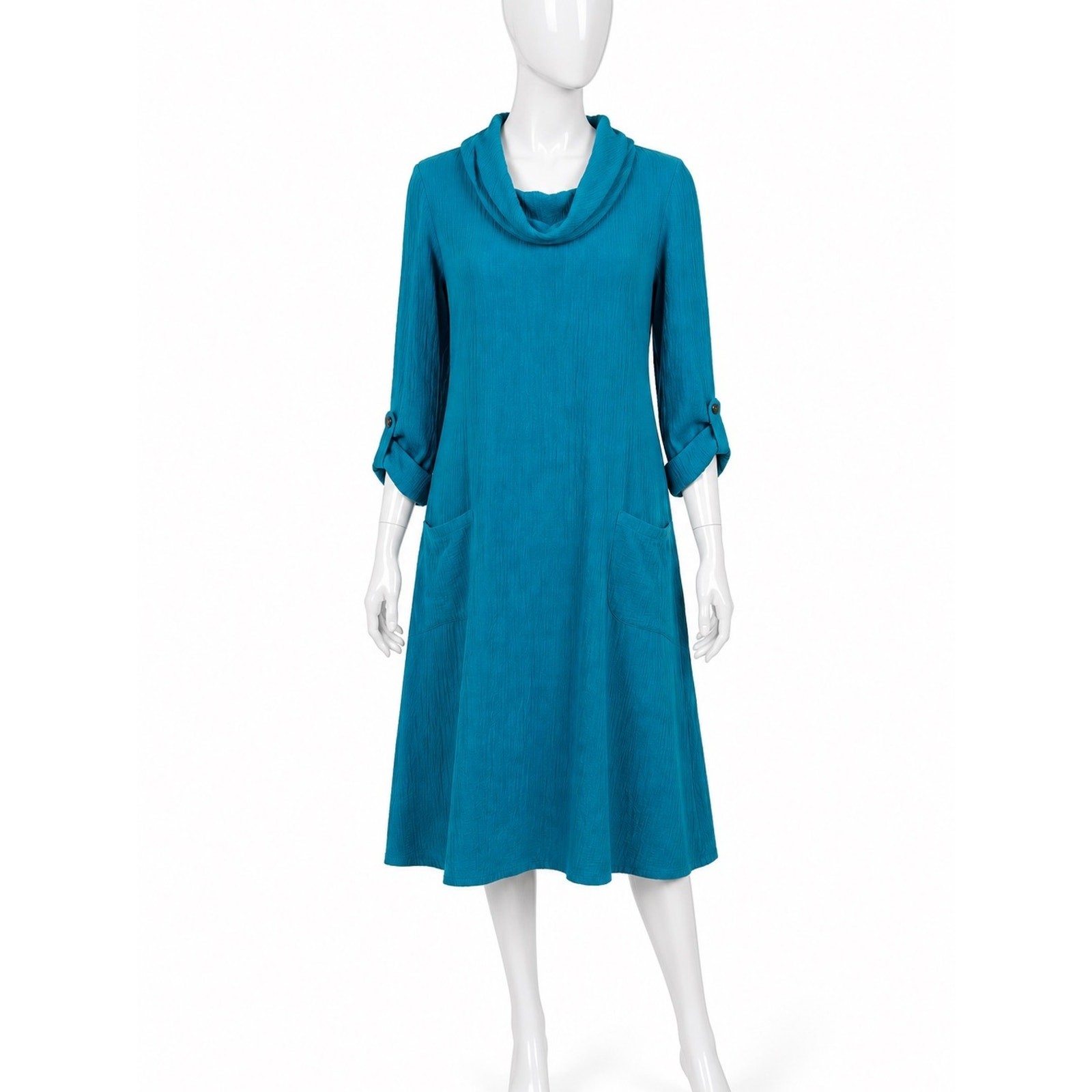 Soft Surroundings Teal Ramie Blend Dress Cowl Neck Pockets Roll Tab Sleeve M