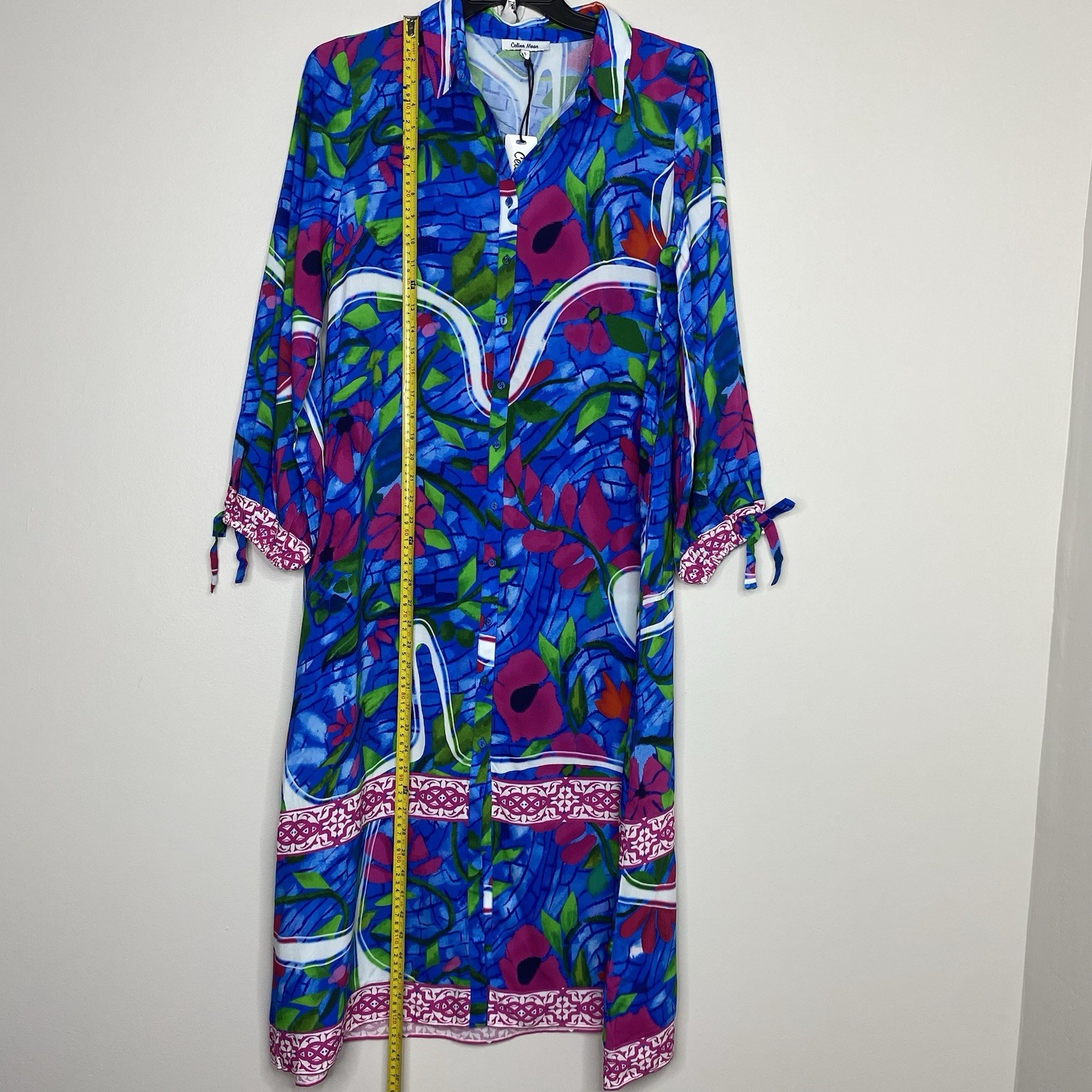Celina Moon Blue Floral Button Front Midi Dress Pocket Long Sleeve Sz Large