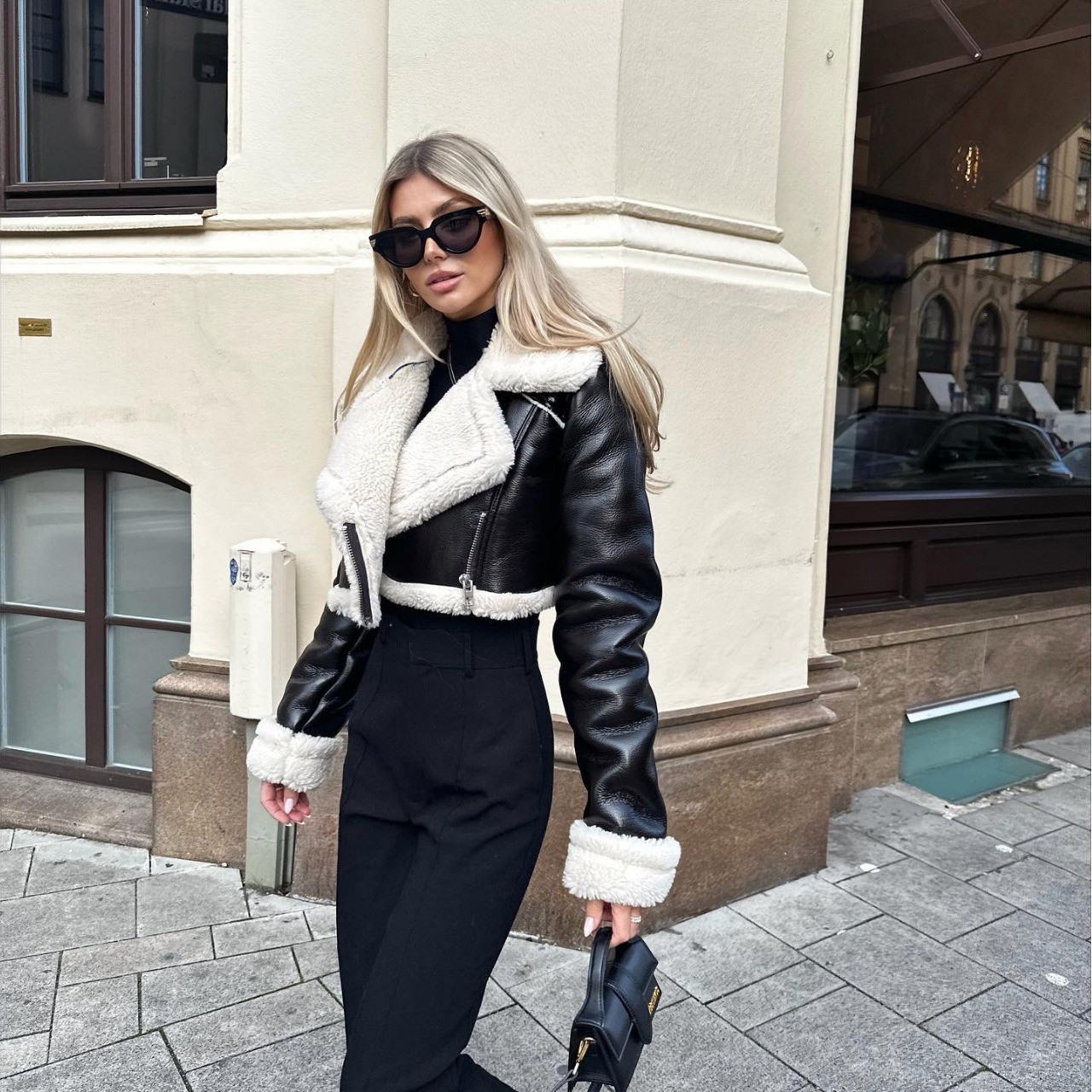 Cropped Black Faux Leather Faux Shearling Aviator Jacket