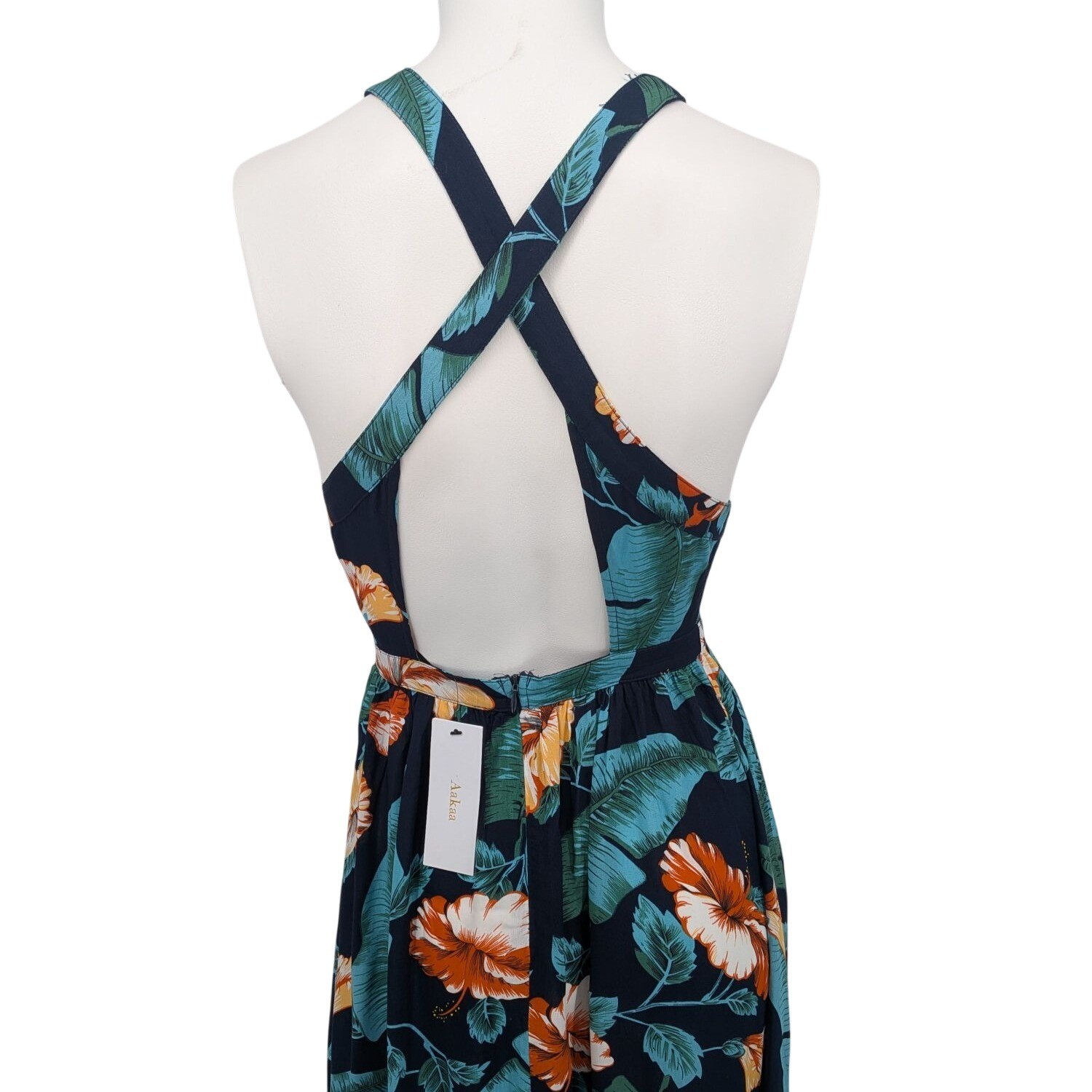 Floral Halter Maxi Dress Romantic Tropical Coastal Resort Open Back Boho Size XS