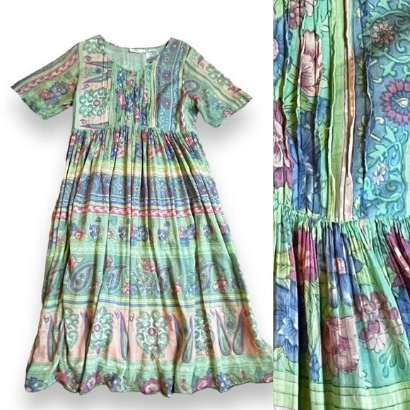 LaCera Boho Maxi Dress Flowy Pastel Paisley Floral Hippie Nepal Artsy Medium
