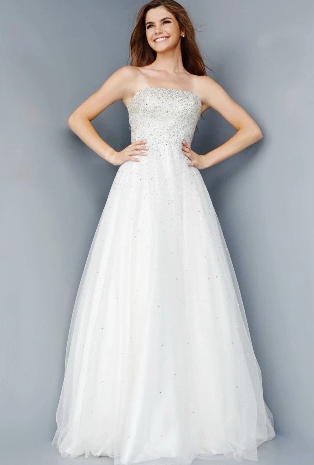 Jovani Strapless White Beaded Crystal Ball Bridal Gown Corset Dress Size 10